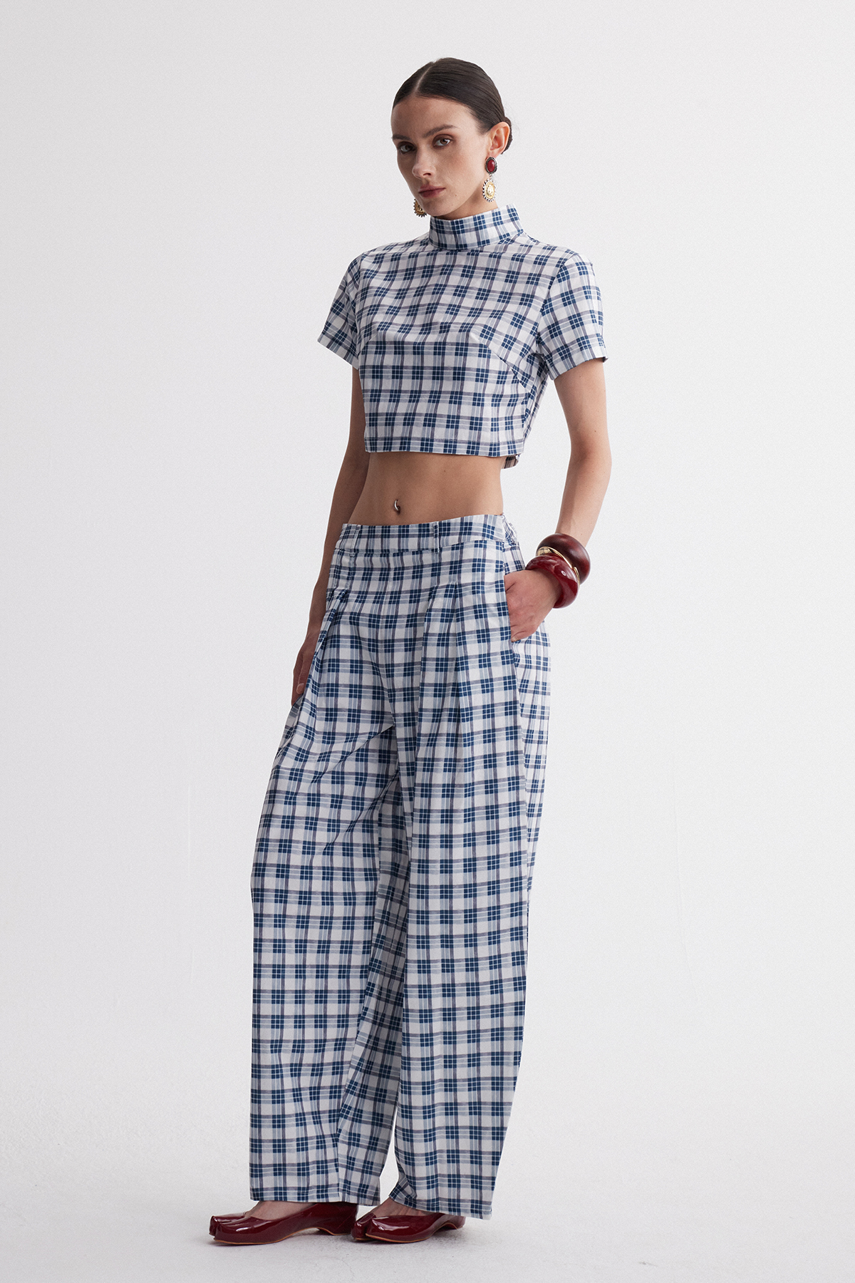 Hapi Plaid Crop Baggy Pants Set