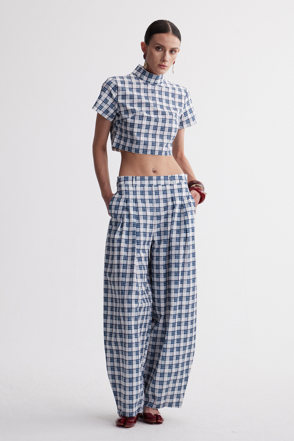 Hapi Plaid Crop Baggy Pants Set