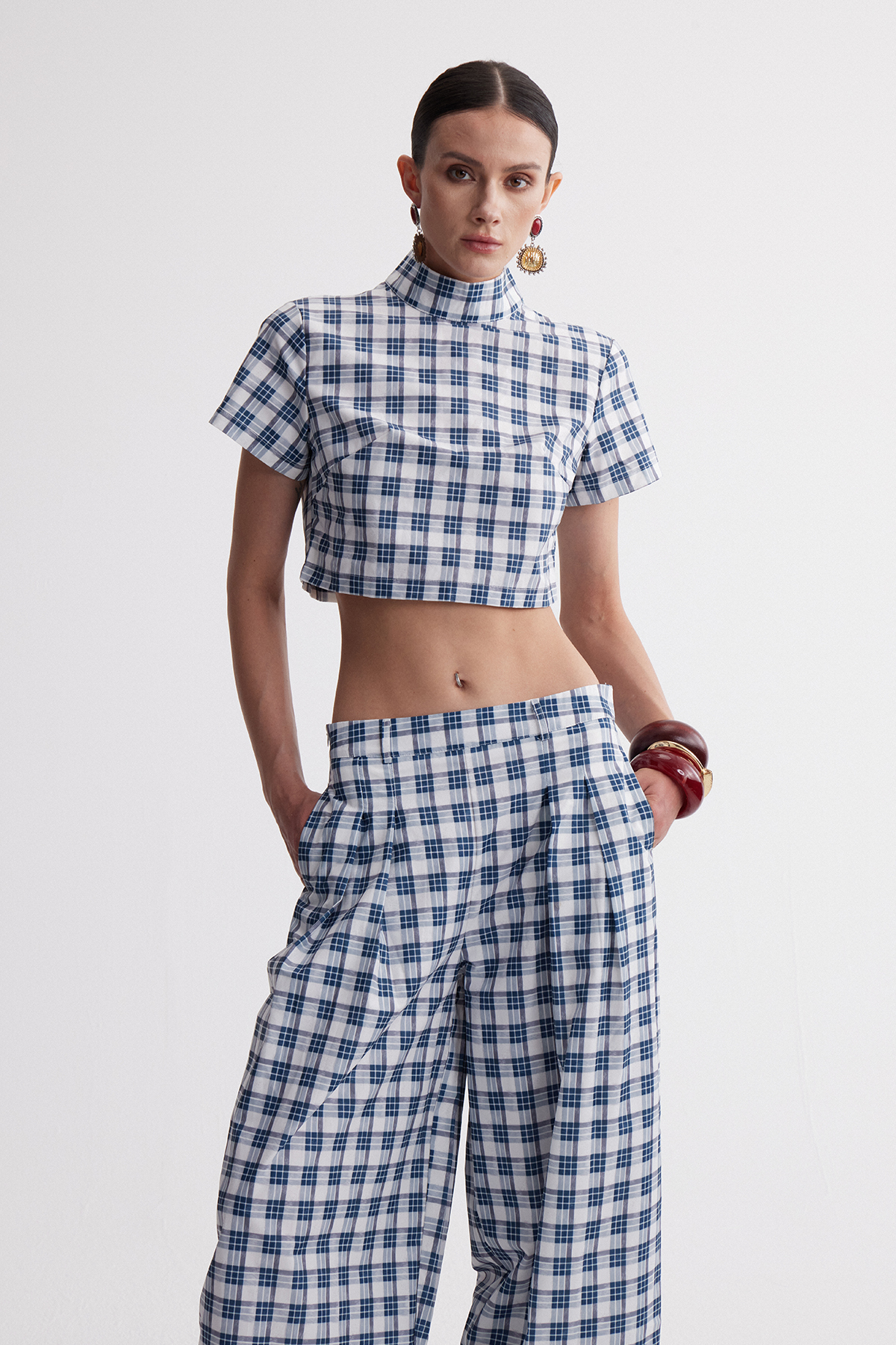 Hapi Plaid Crop Baggy Pants Set