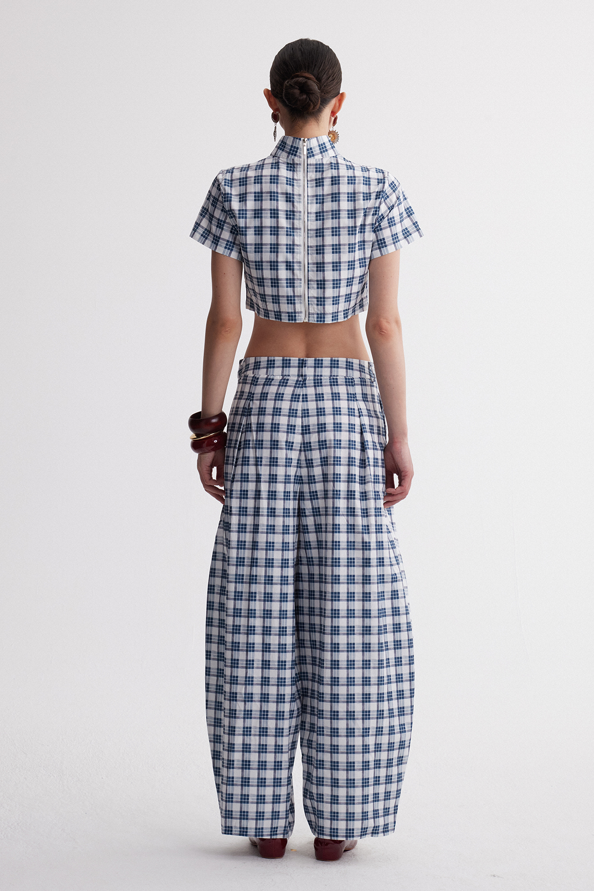 Hapi Plaid Crop Baggy Pants Set