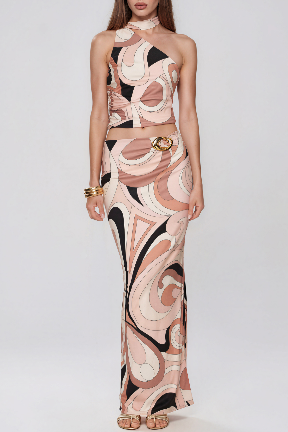 Hardmod Asymmetric Print Embellished Skirt Set
