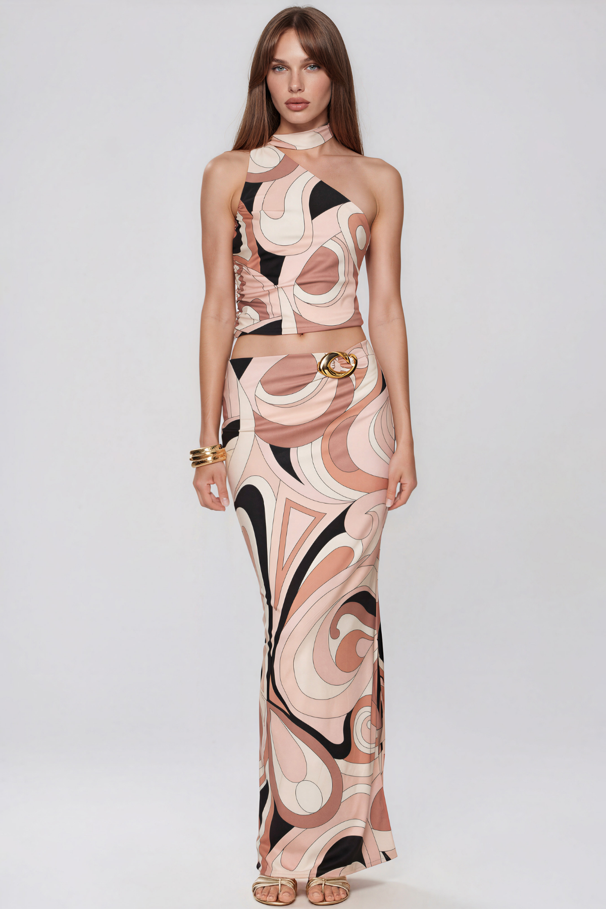 Hardmod Asymmetric Print Embellished Skirt Set