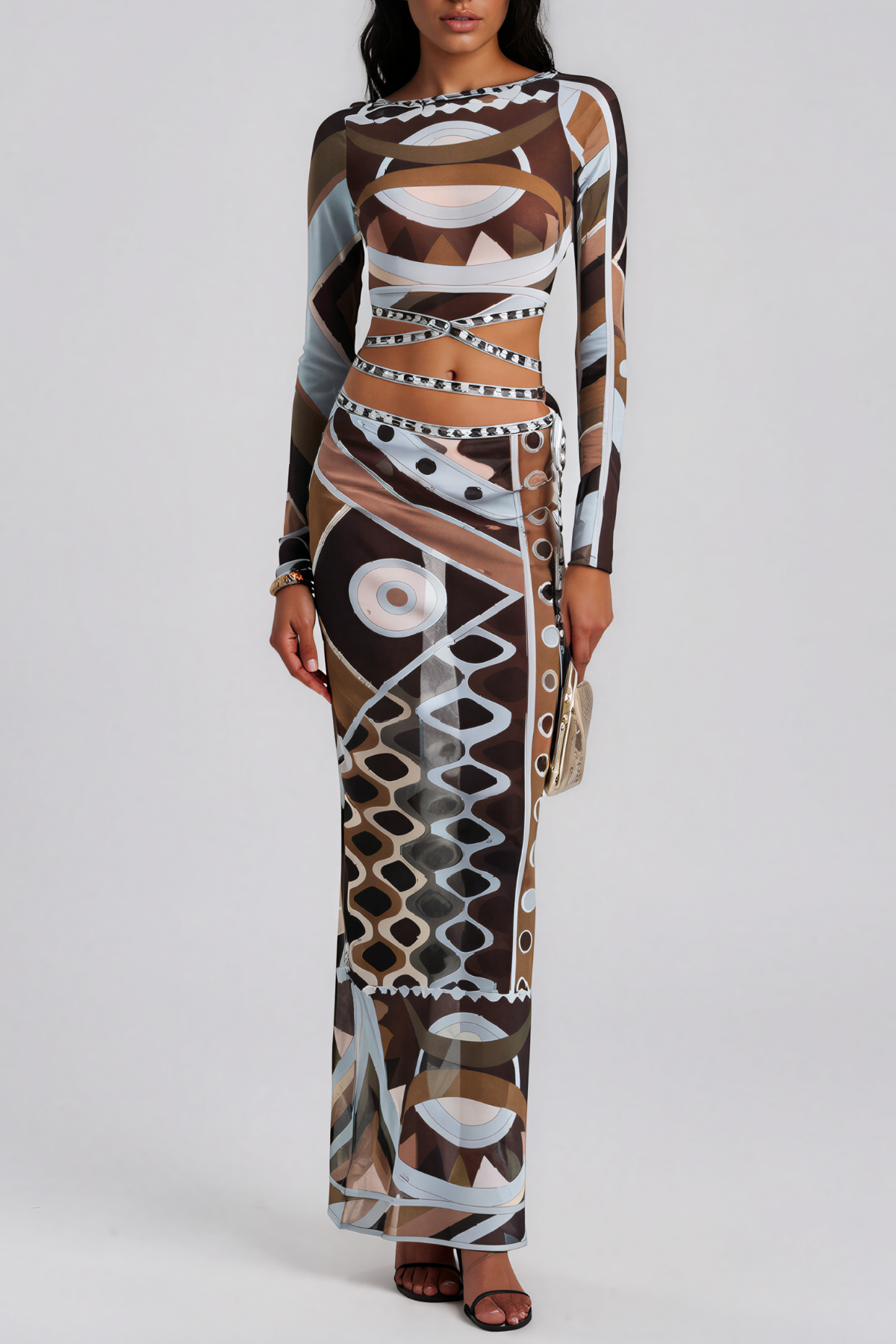 Hardmod Crop Print Skirt Set In Brown