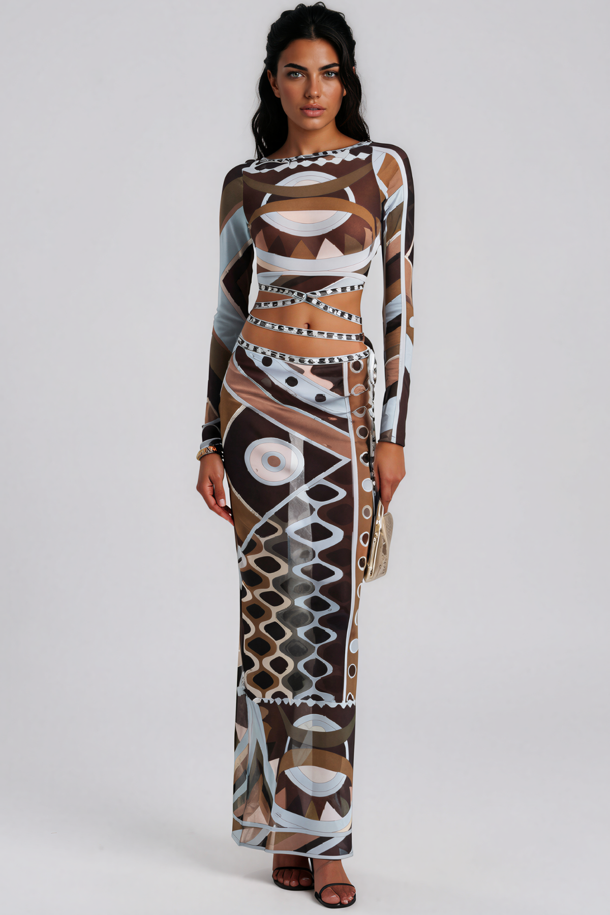 Hardmod Crop Print Skirt Set In Brown