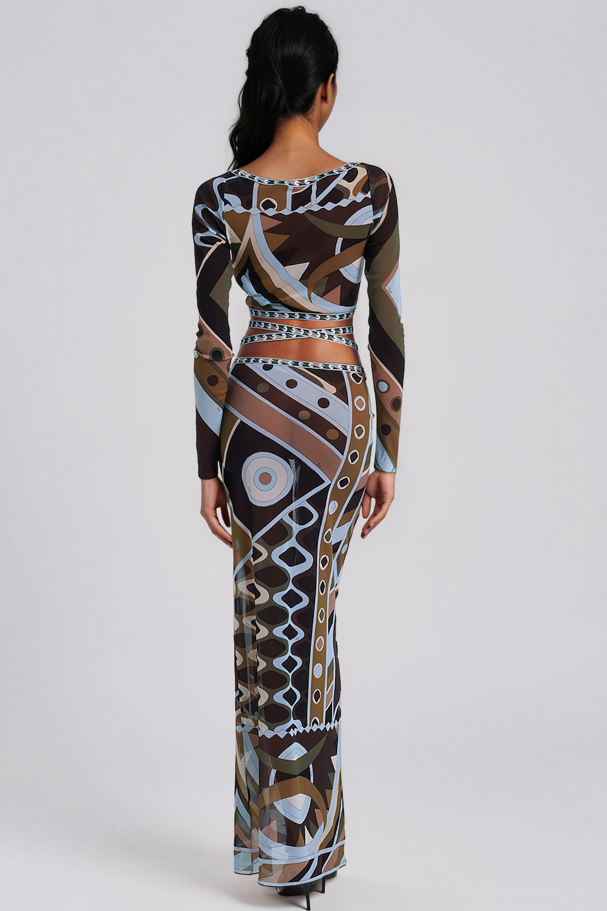 Hardmod Crop Print Skirt Set In Brown