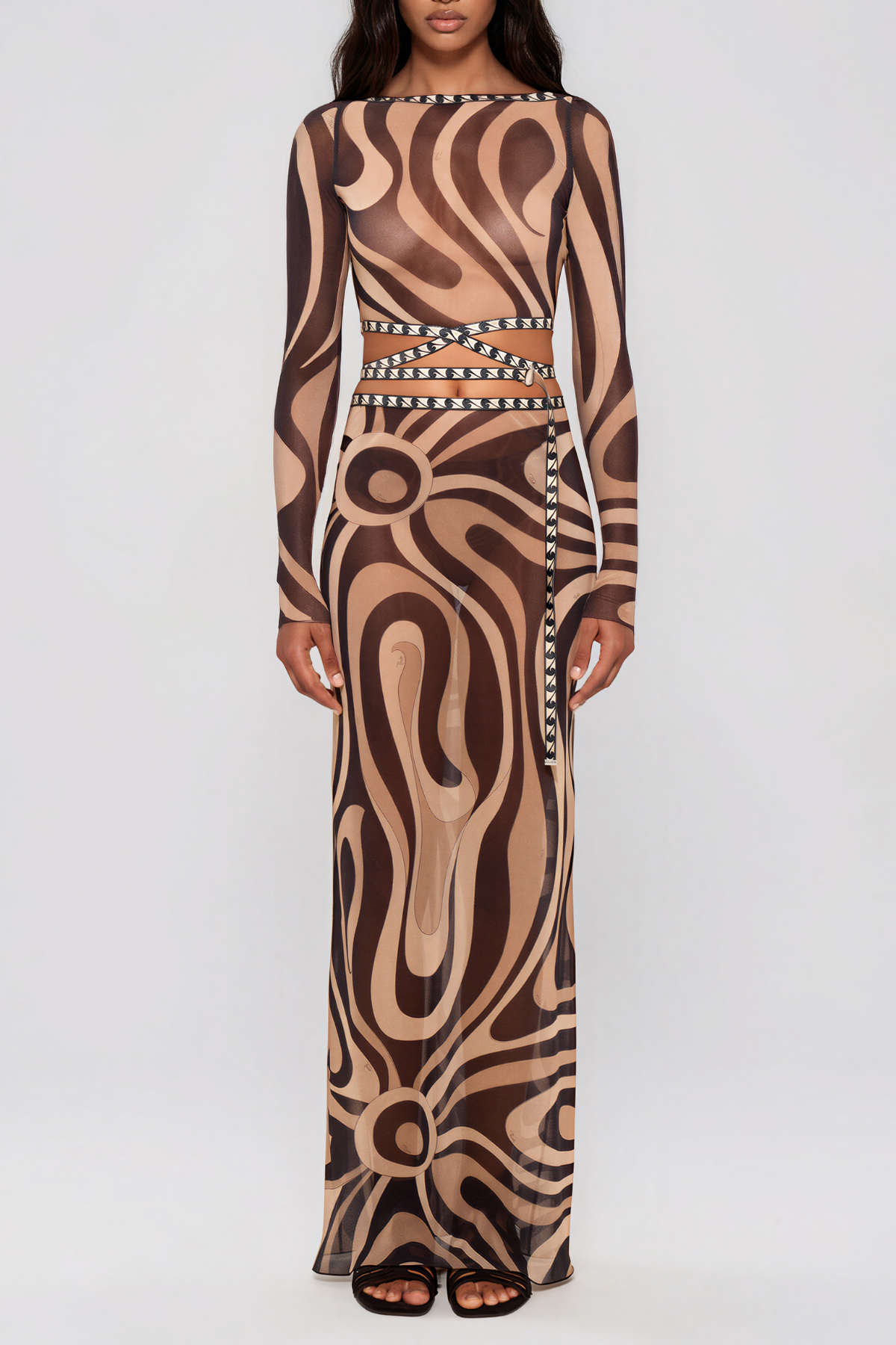 Hardmod Crop Print Skirt Set In Light Brown