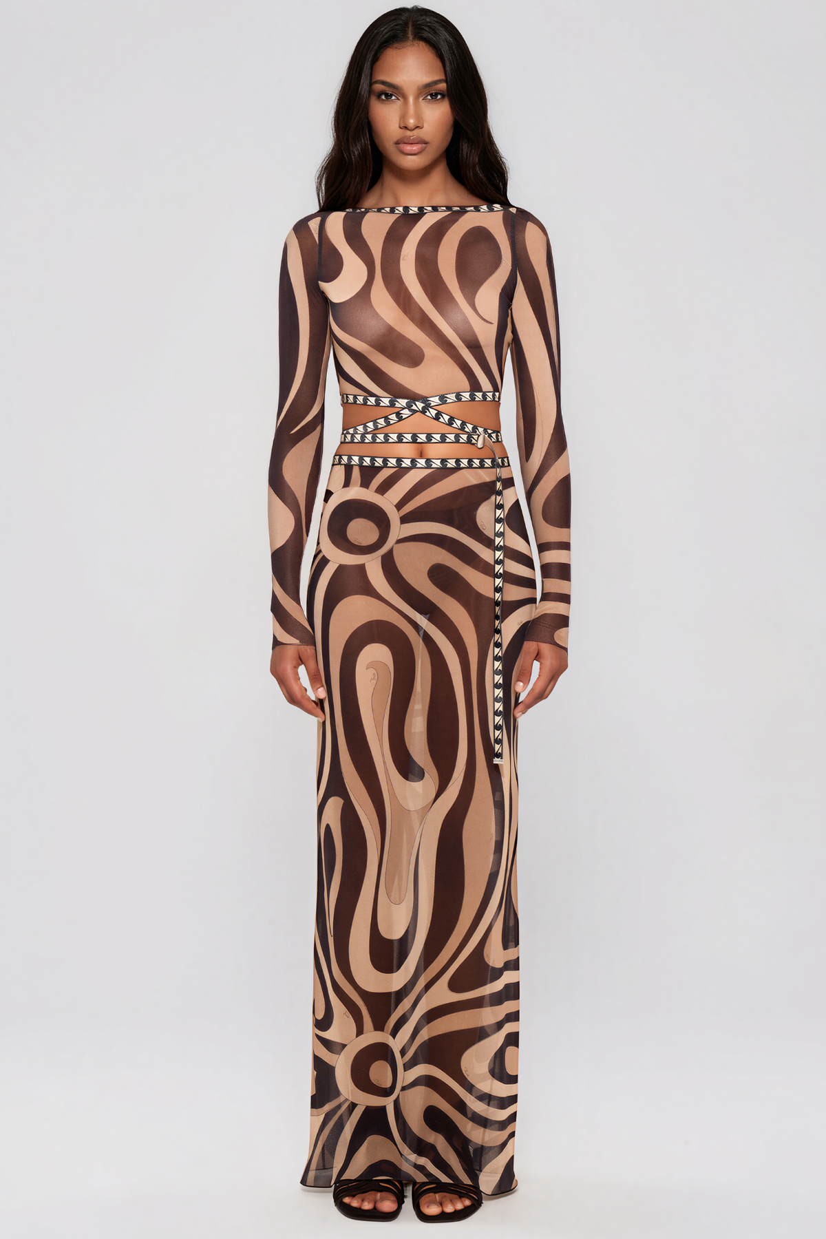 Hardmod Crop Print Skirt Set In Light Brown