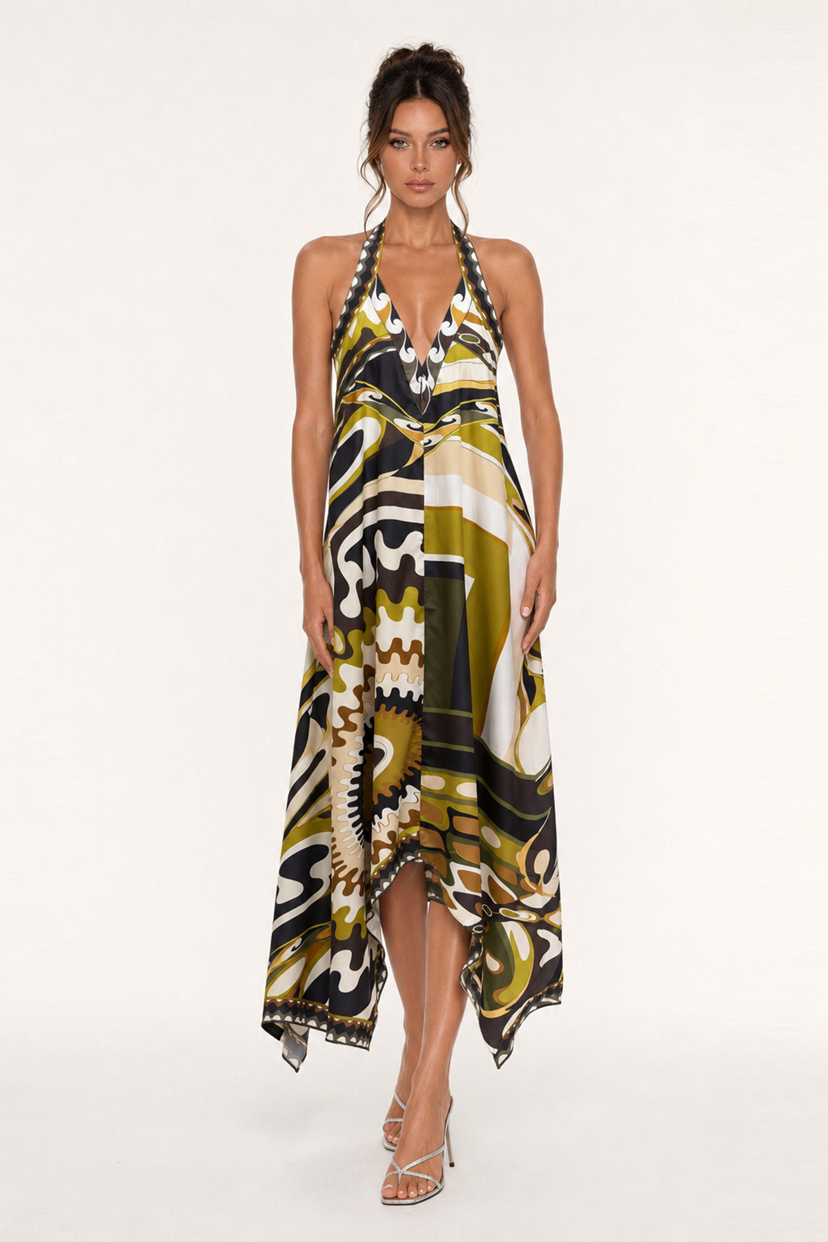 Hardmod Halter Neck Print Asymmetric Maxi Dress