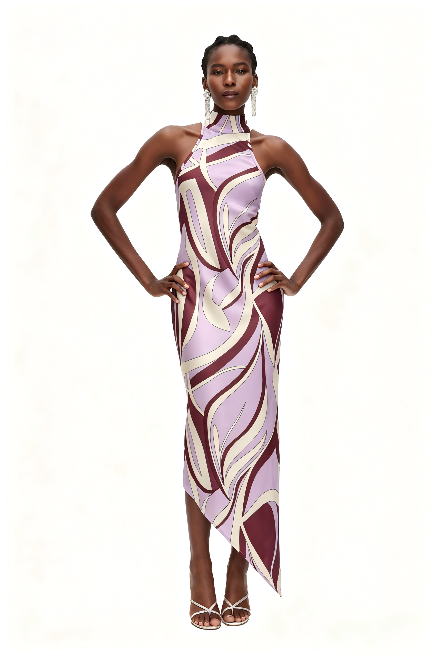 Hardmod Halter Neck Print Asymmetric Midi Dress