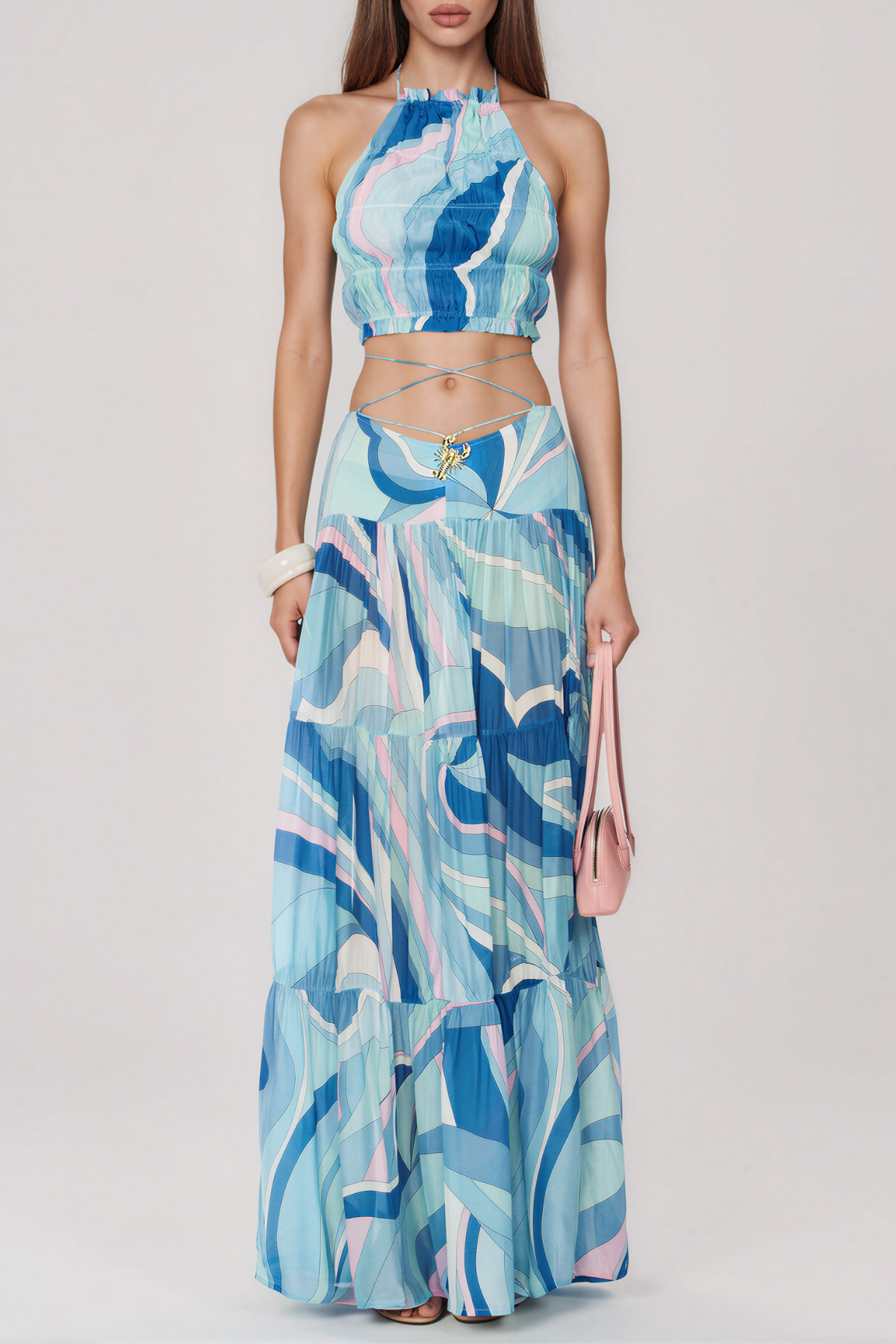 Hardmod Halter Neck  Print Ruch Skirt Set