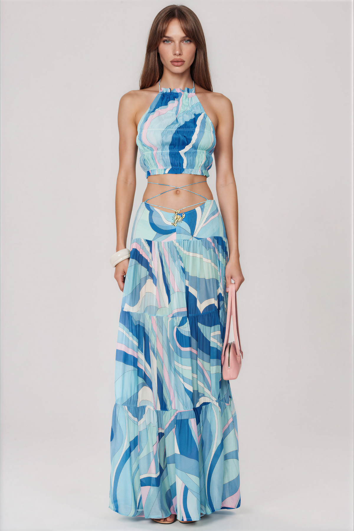 Hardmod Halter Neck  Print Ruch Skirt Set