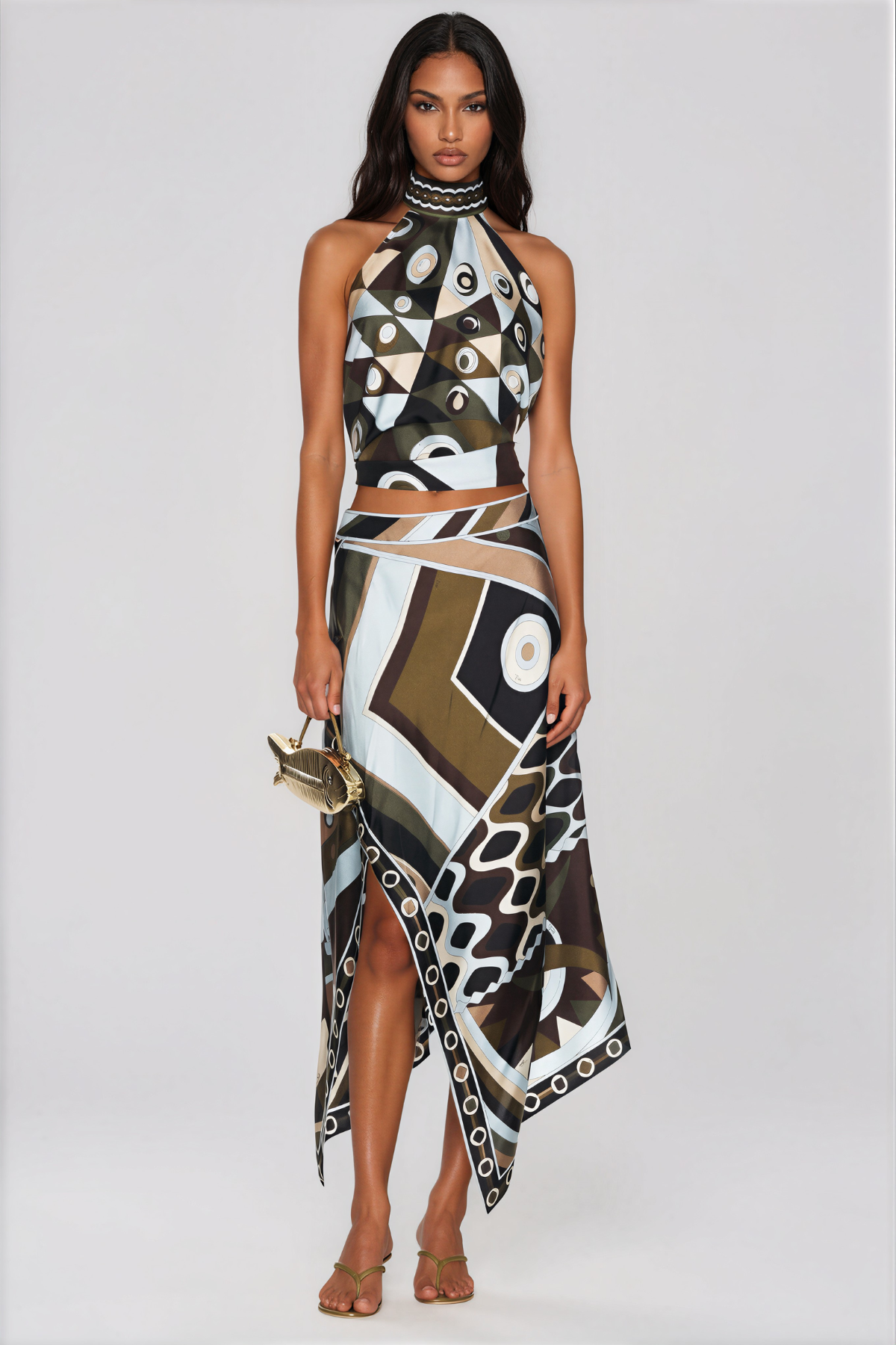 Hardmod Halter Neck Print Split Skirt Set