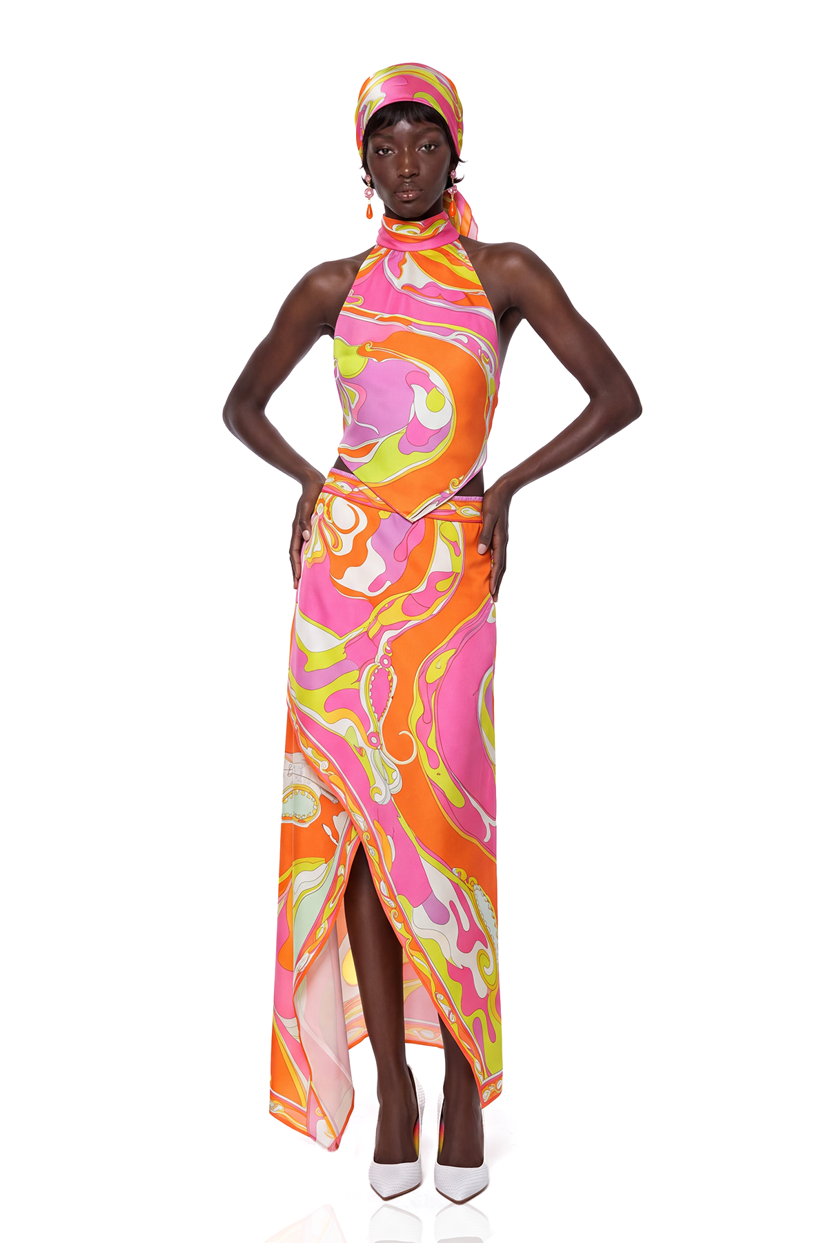 Hardmod Halter Neck Print Three Piece Skirt Set In Orange