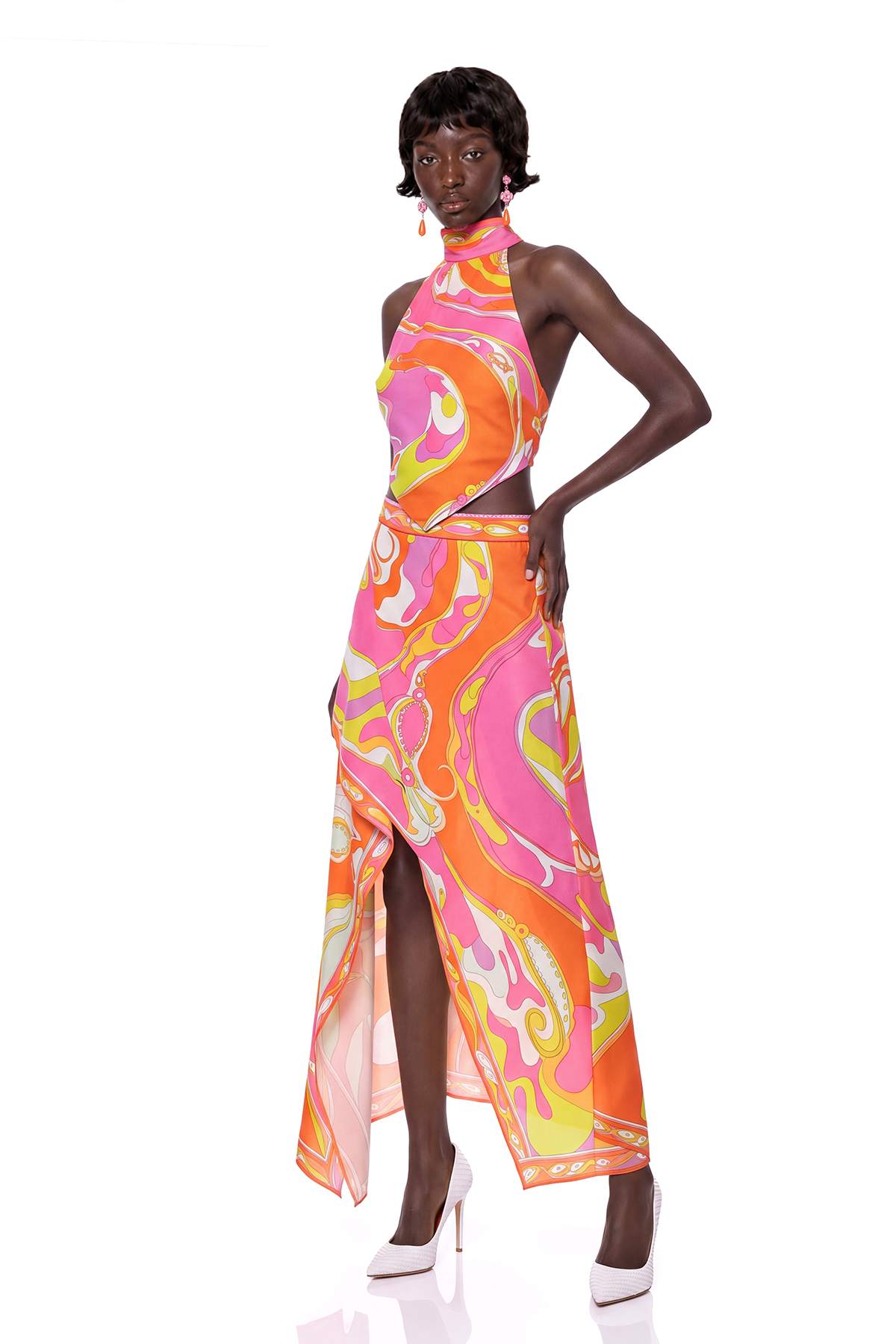 Hardmod Halter Neck Print Three Piece Skirt Set In Orange
