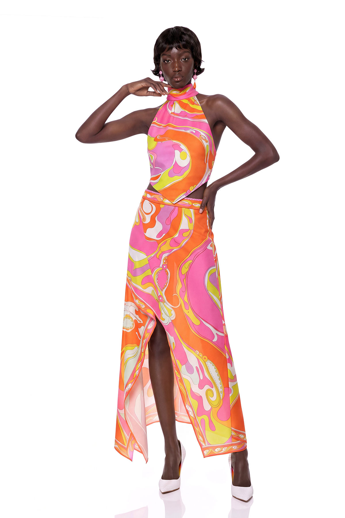 Hardmod Halter Neck Print Three Piece Skirt Set In Orange