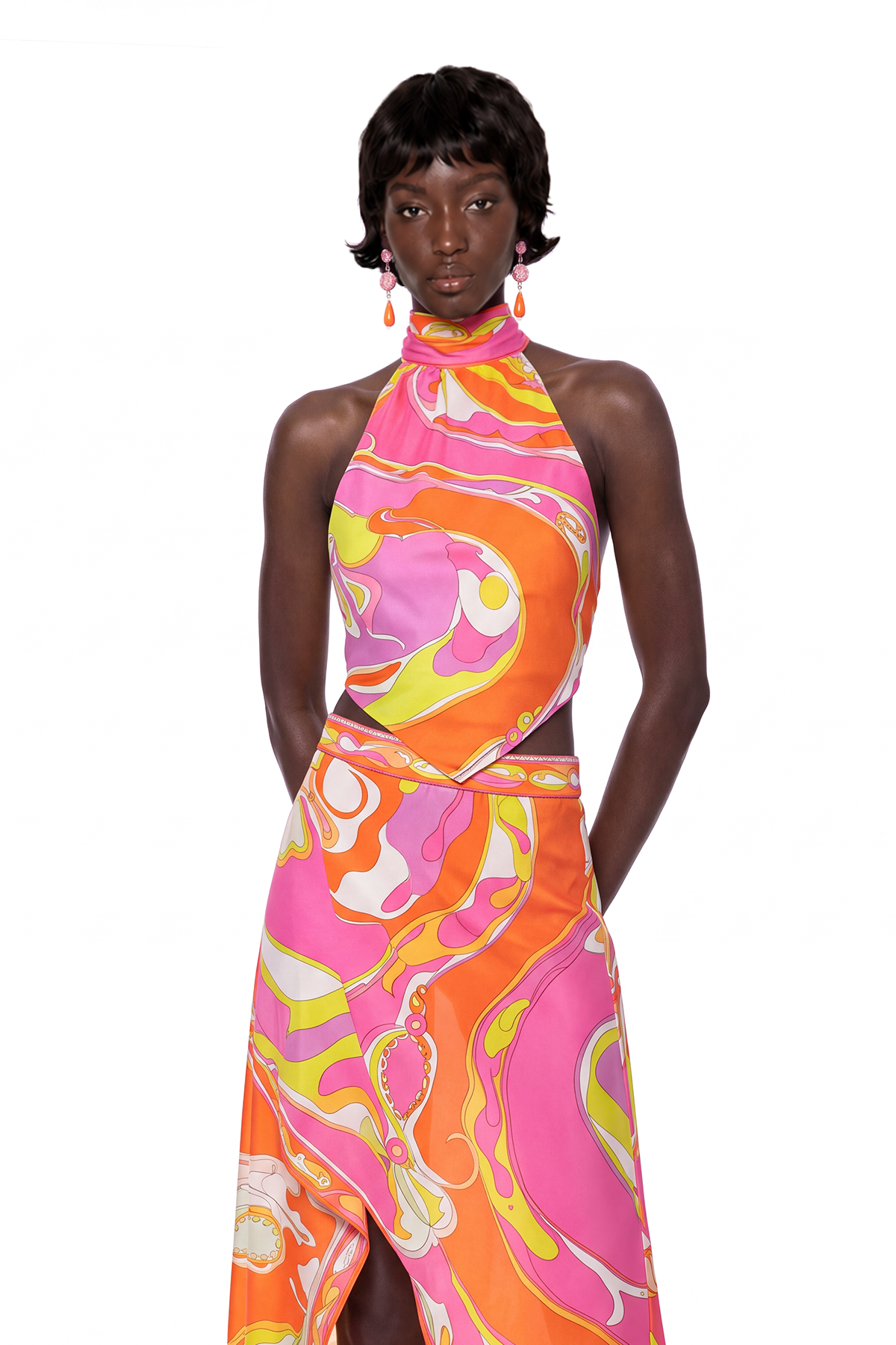 Hardmod Halter Neck Print Three Piece Skirt Set In Orange