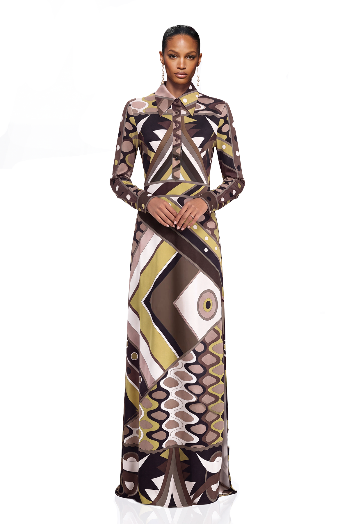 Hardmod Lapel Print Maxi Dress In Light Brown
