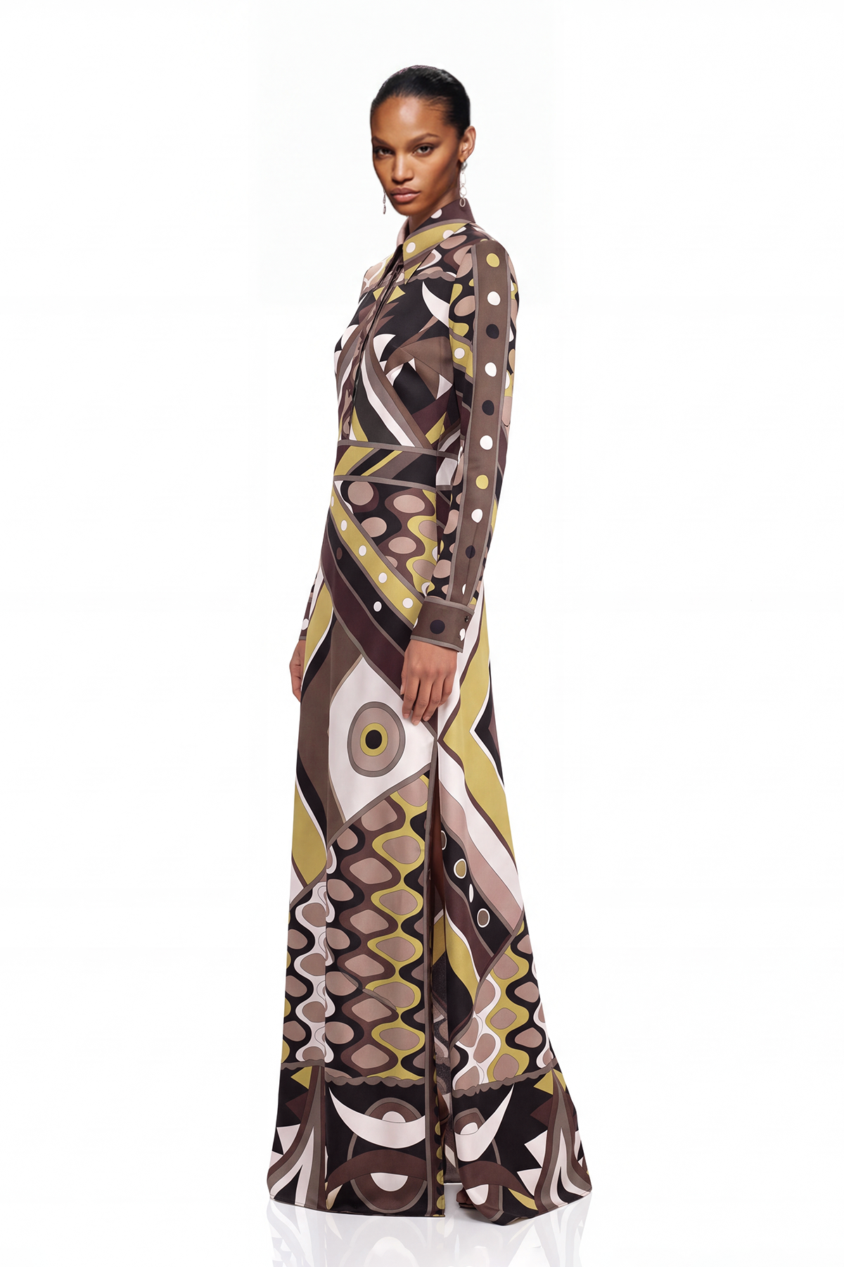 Hardmod Lapel Print Maxi Dress In Light Brown