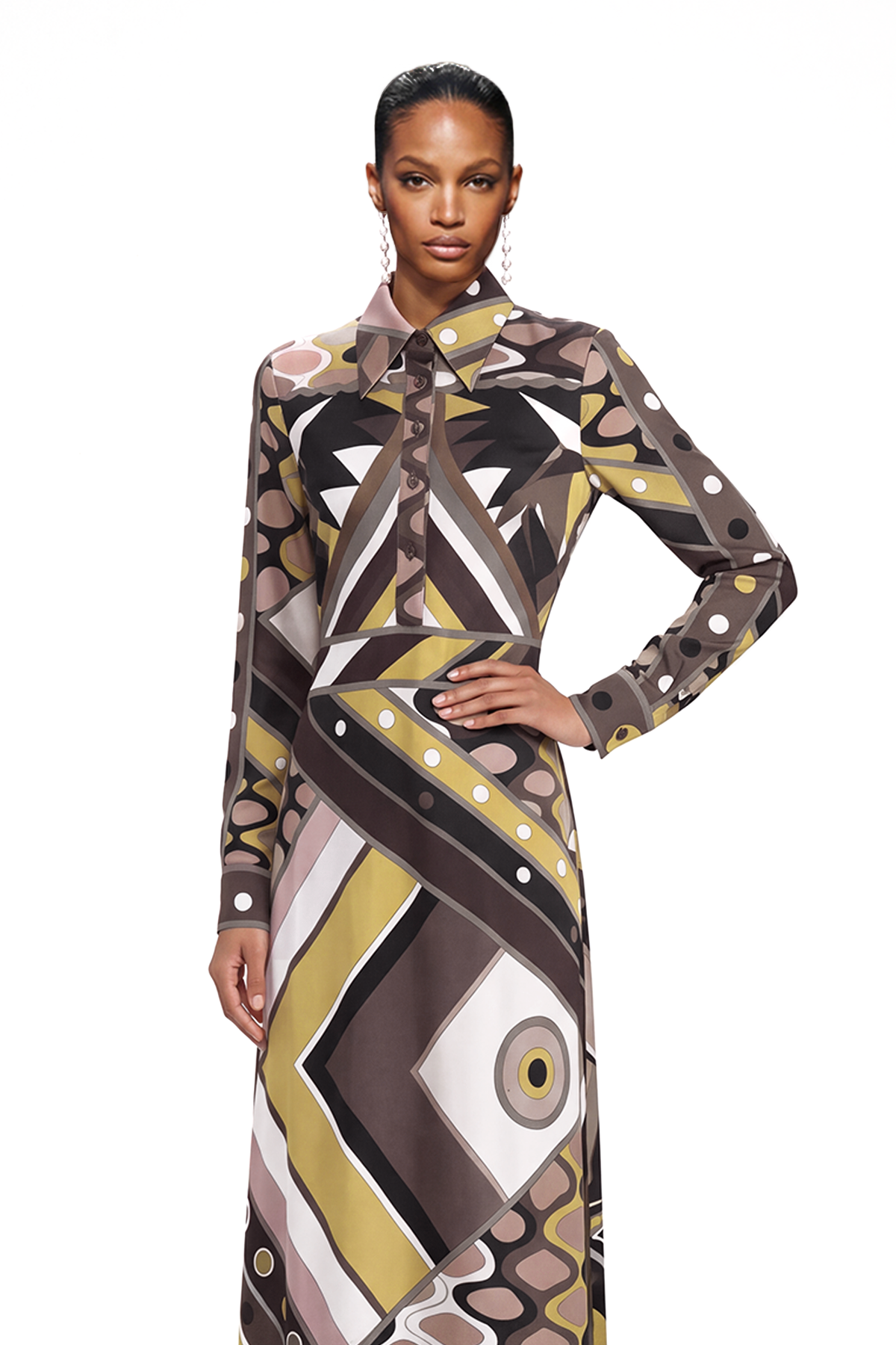 Hardmod Lapel Print Maxi Dress In Light Brown