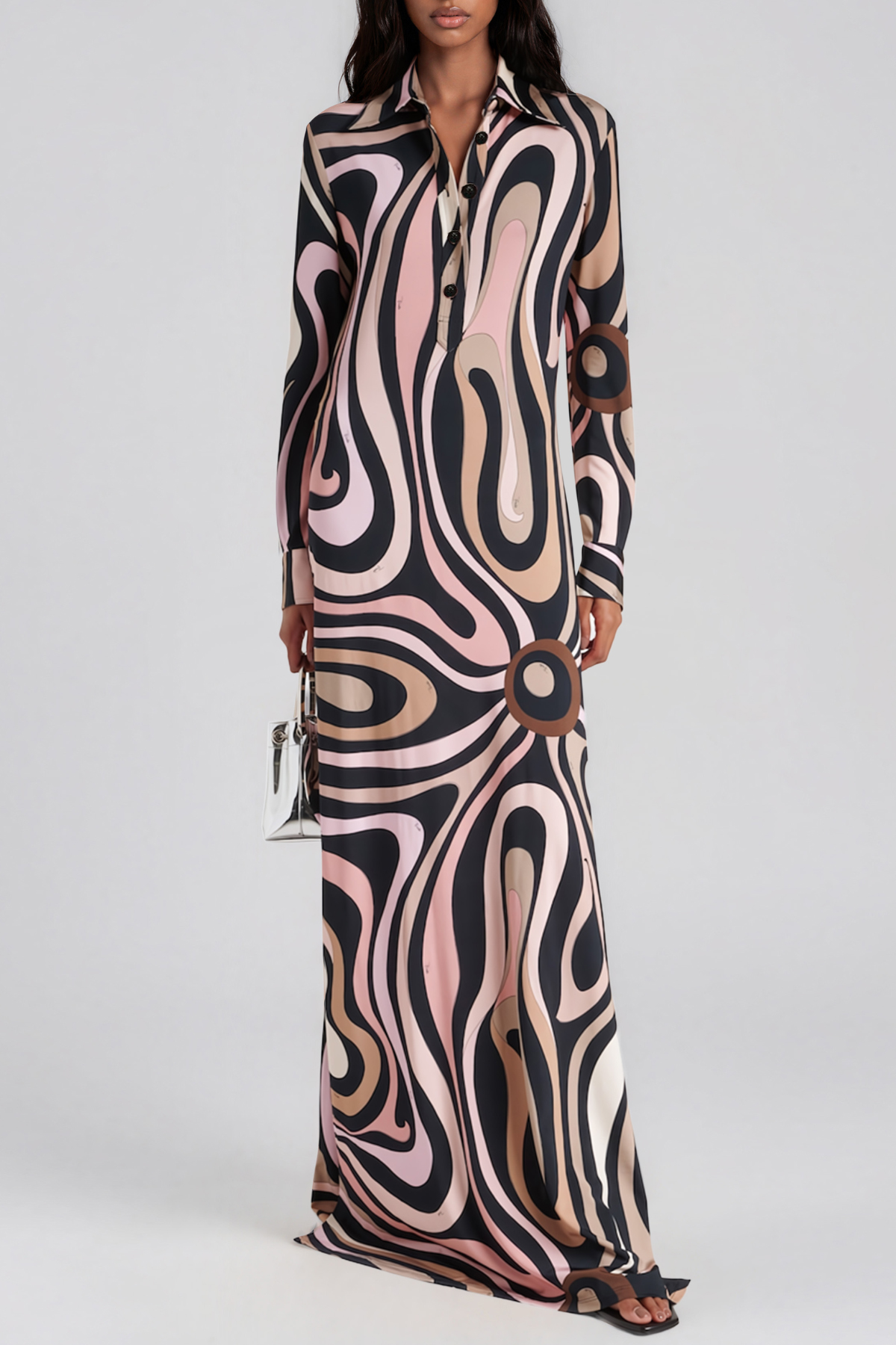 Hardmod Lapel Print Maxi Dress In Pink