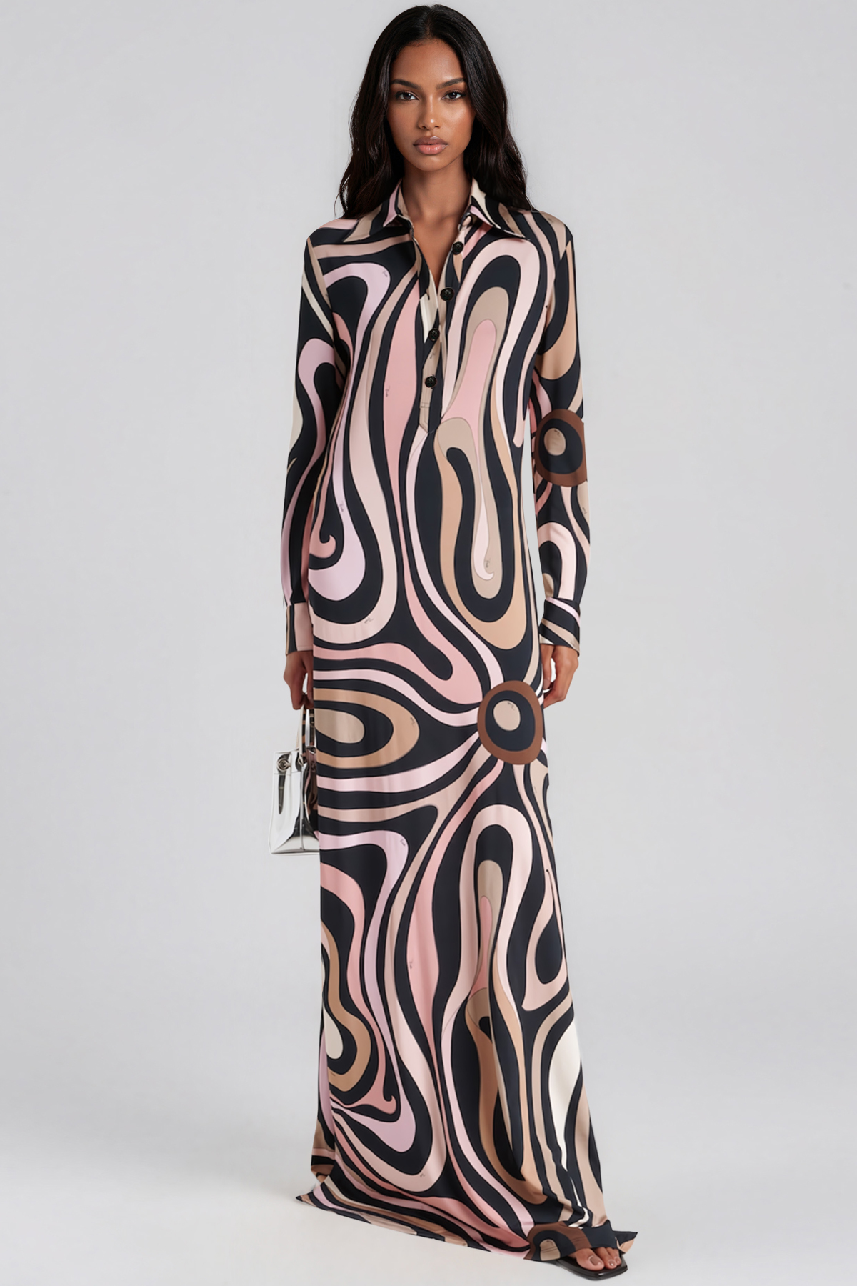Hardmod Lapel Print Maxi Dress In Pink