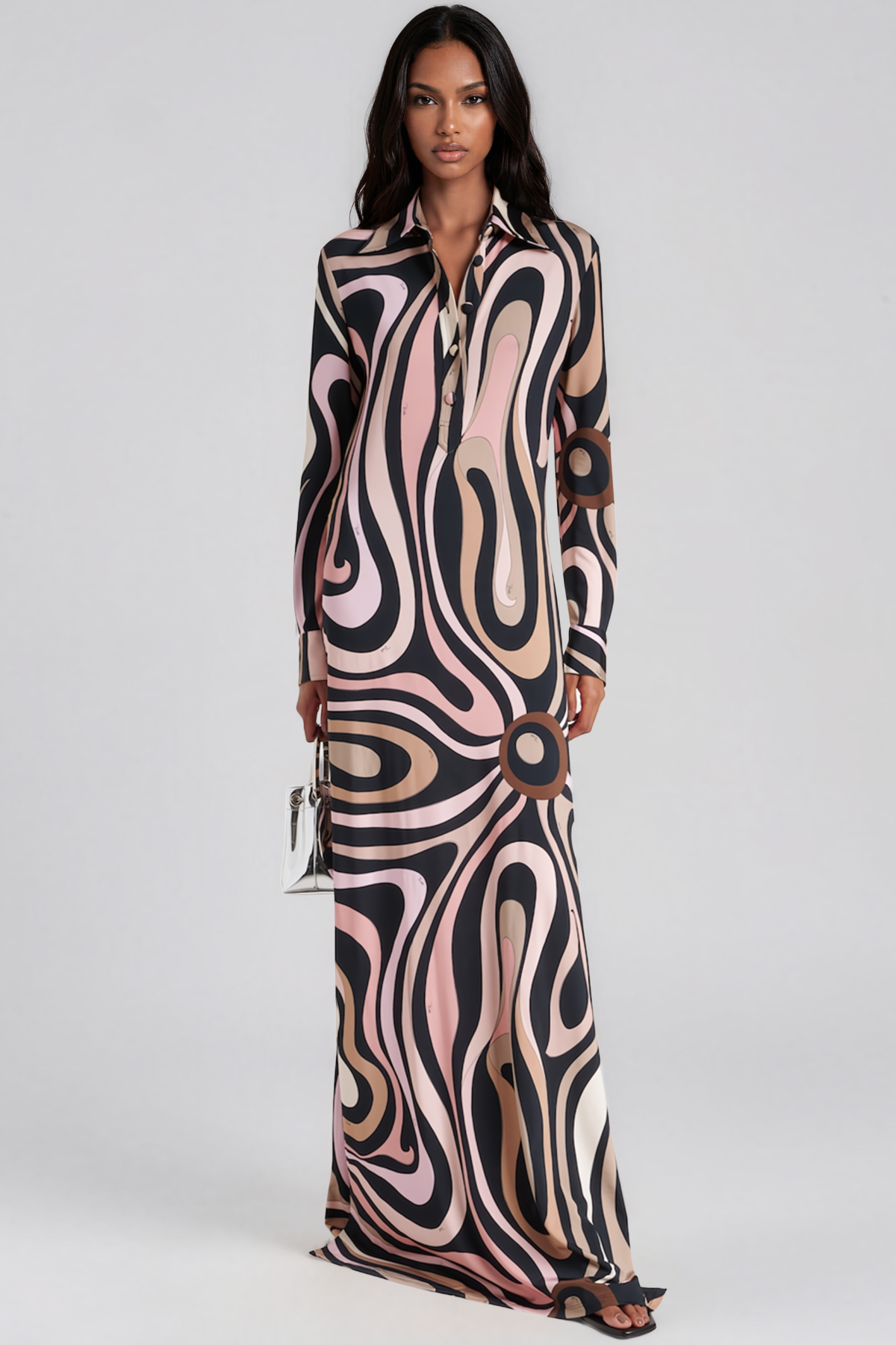 Hardmod Lapel Print Maxi Dress In Pink