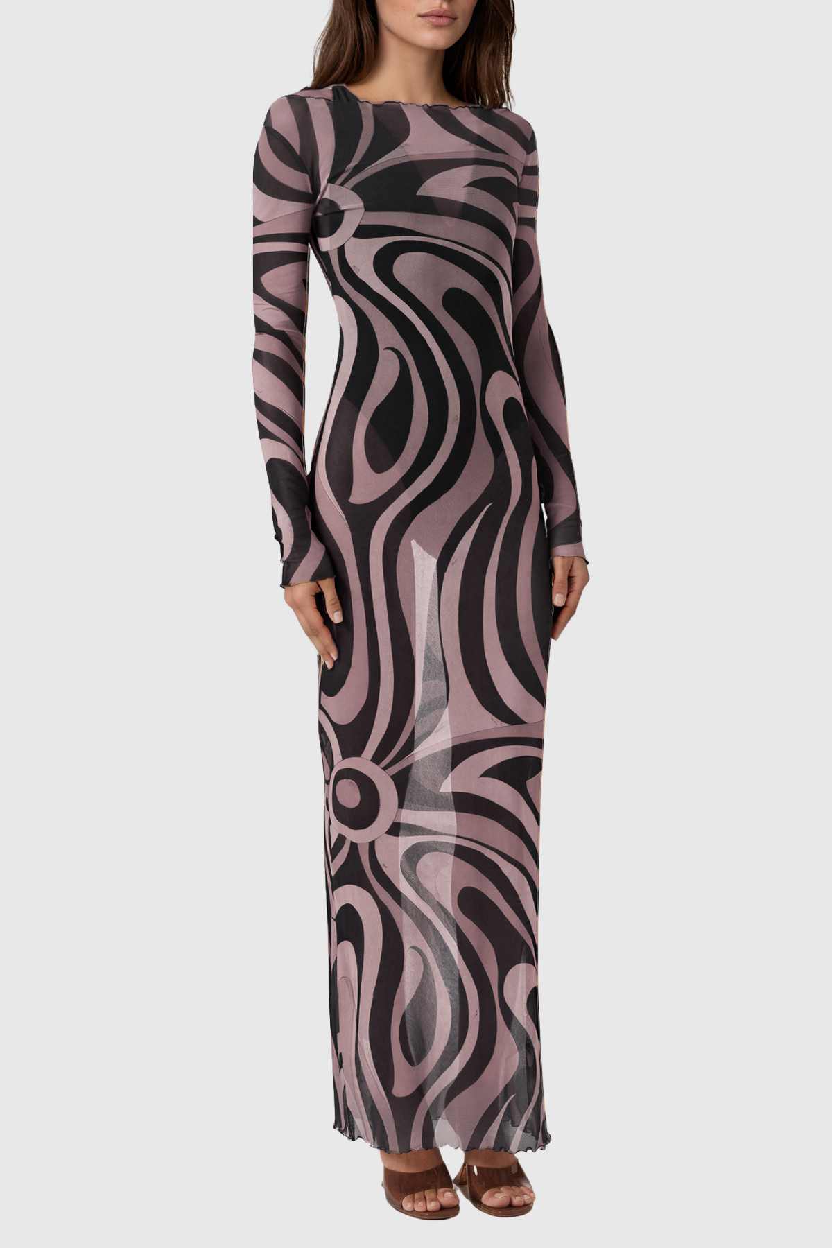 Hardmod Long Sleeve Print Mesh Maxi Dress