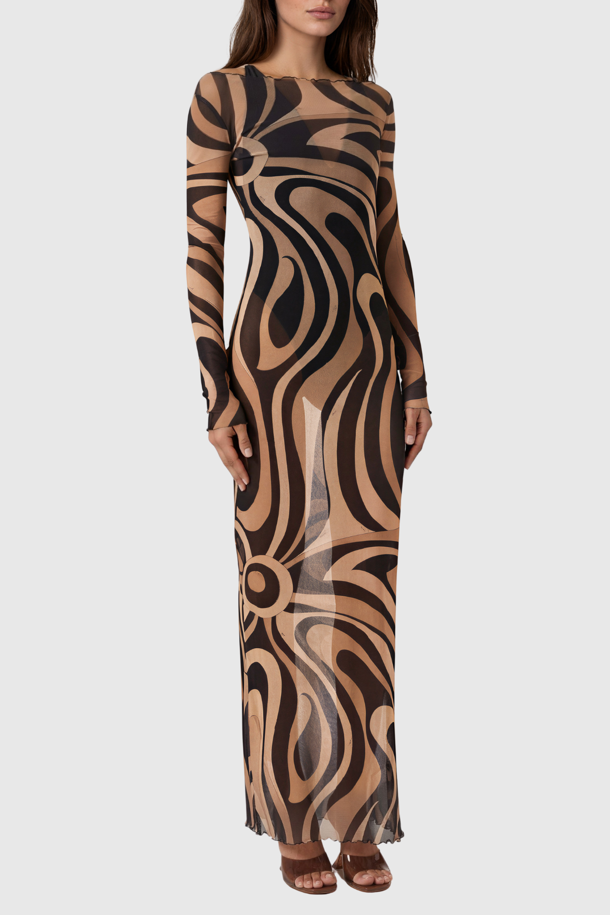 Hardmod Long Sleeve Print Mesh Maxi Dress