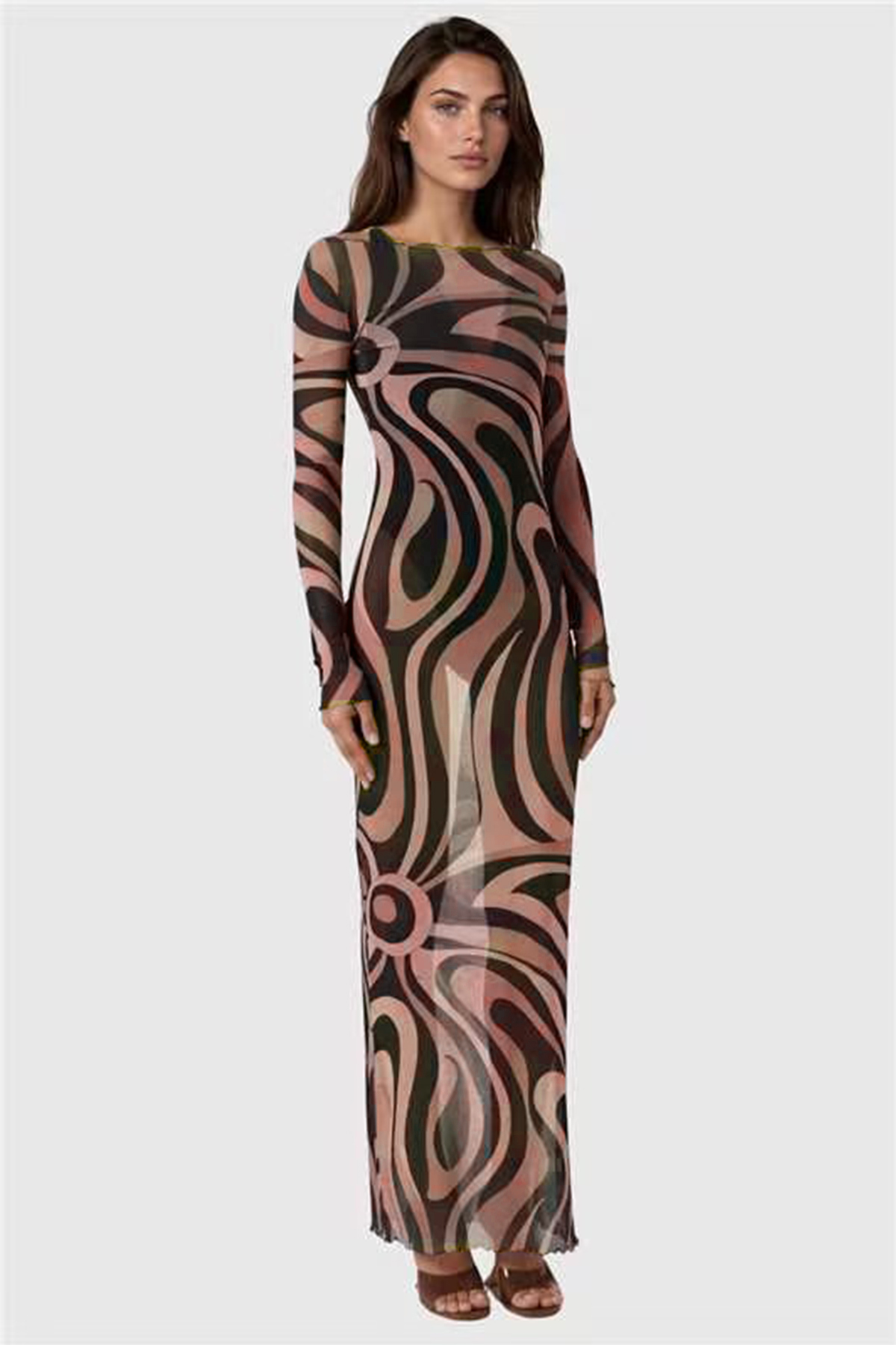 Hardmod Long Sleeve Print Mesh Maxi Dress