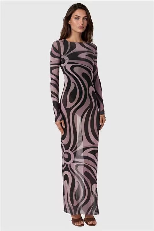 Hardmod Long Sleeve Print Mesh Maxi Dress