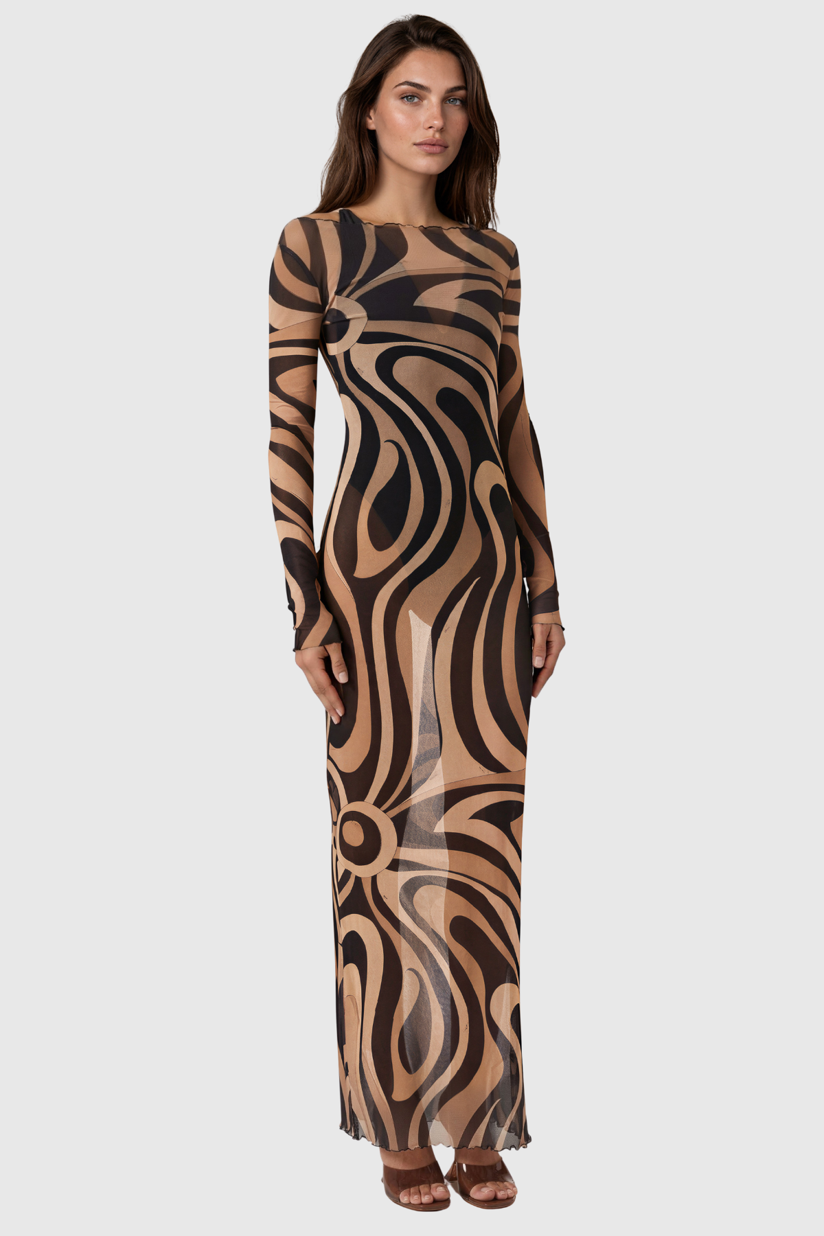 Hardmod Long Sleeve Print Mesh Maxi Dress