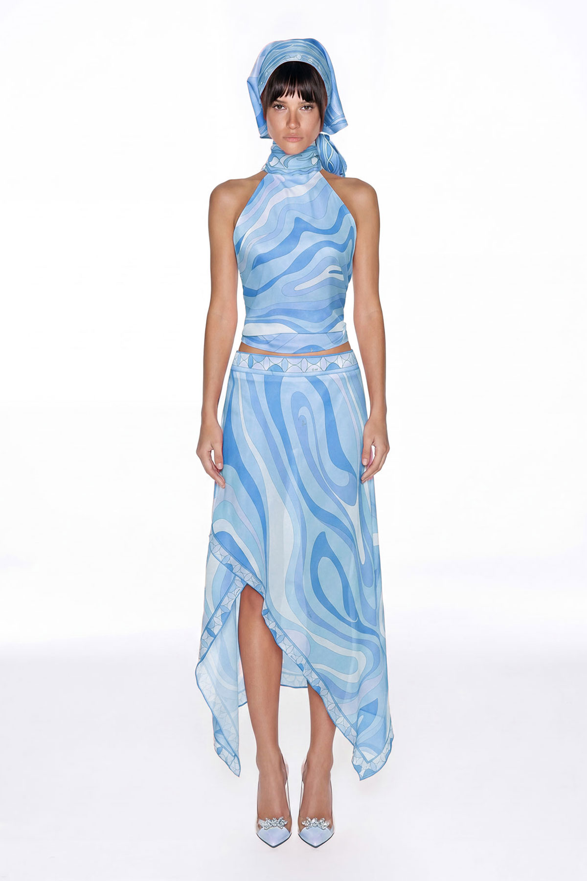 Hardmod Print Split Three Piece Skirt Set In Blue