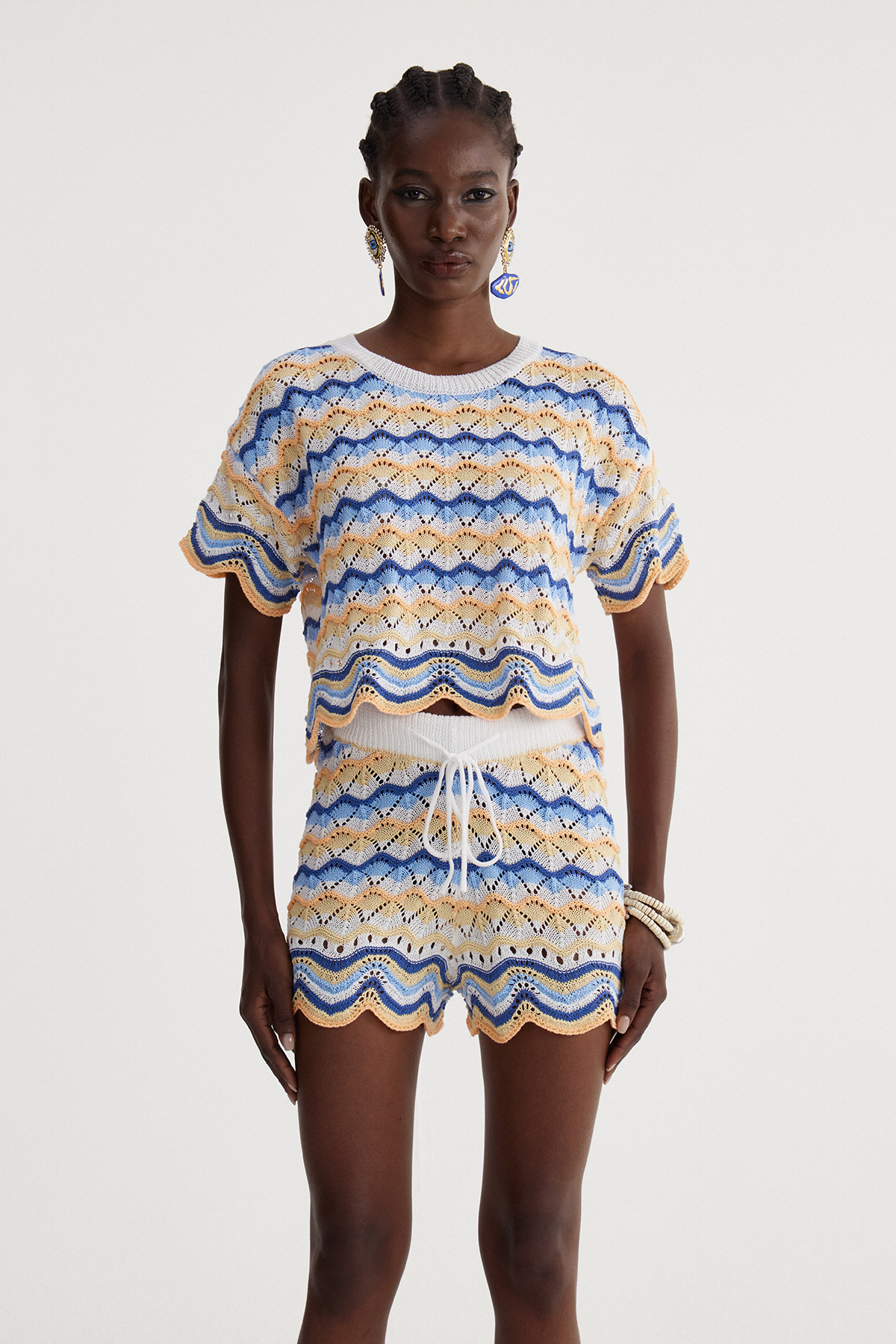 Henry Stripe Knit Shorts Set In Blue