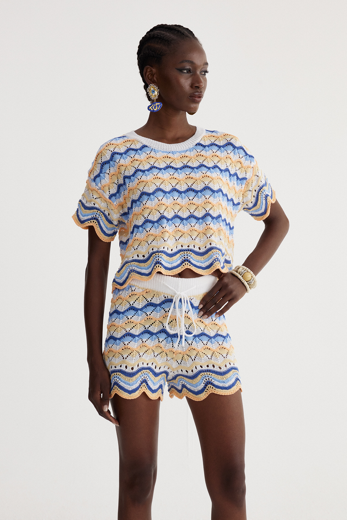 Henry Stripe Knit Shorts Set In Blue
