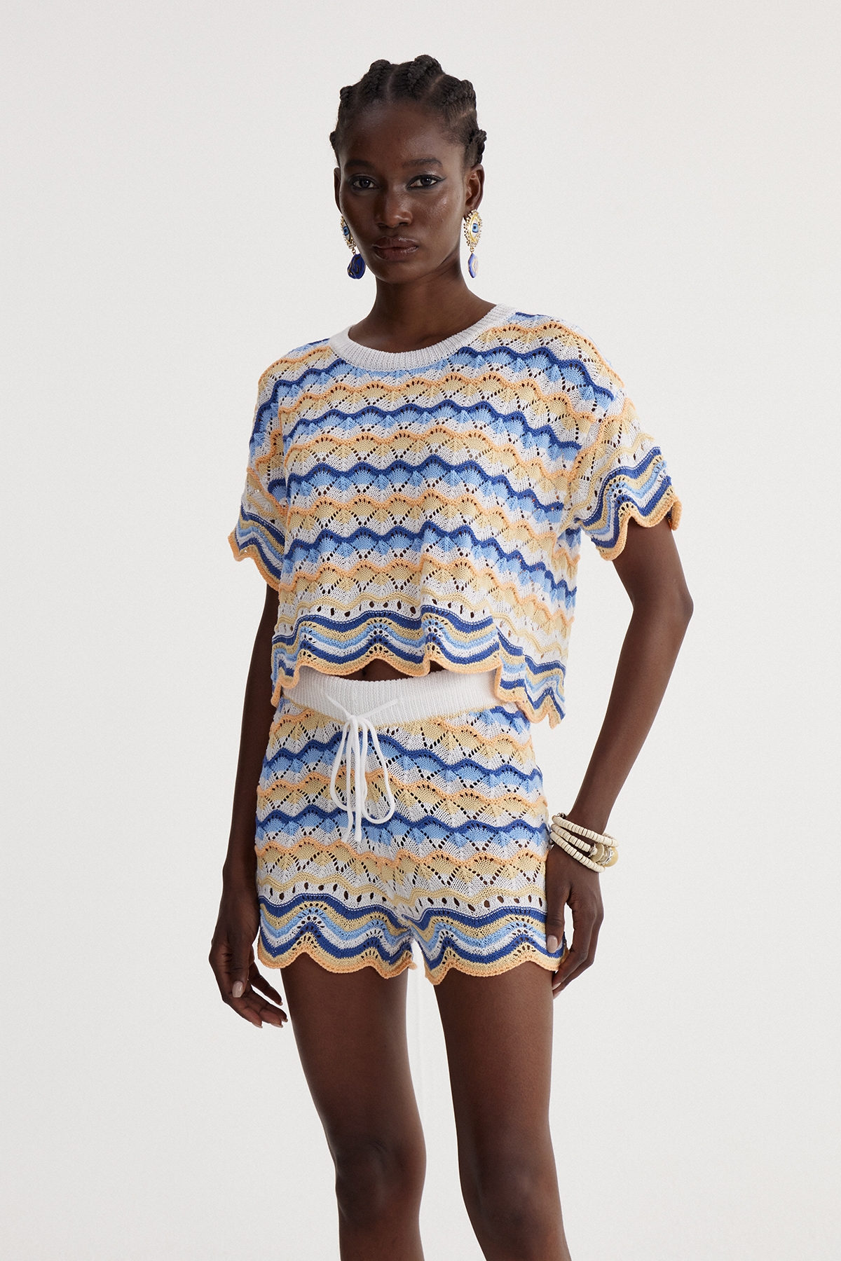 Henry Stripe Knit Shorts Set In Blue