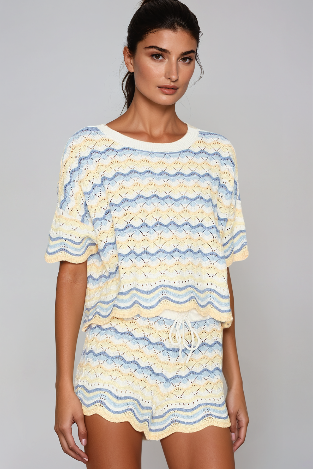 Henry Stripe Knit Shorts Set In Blue