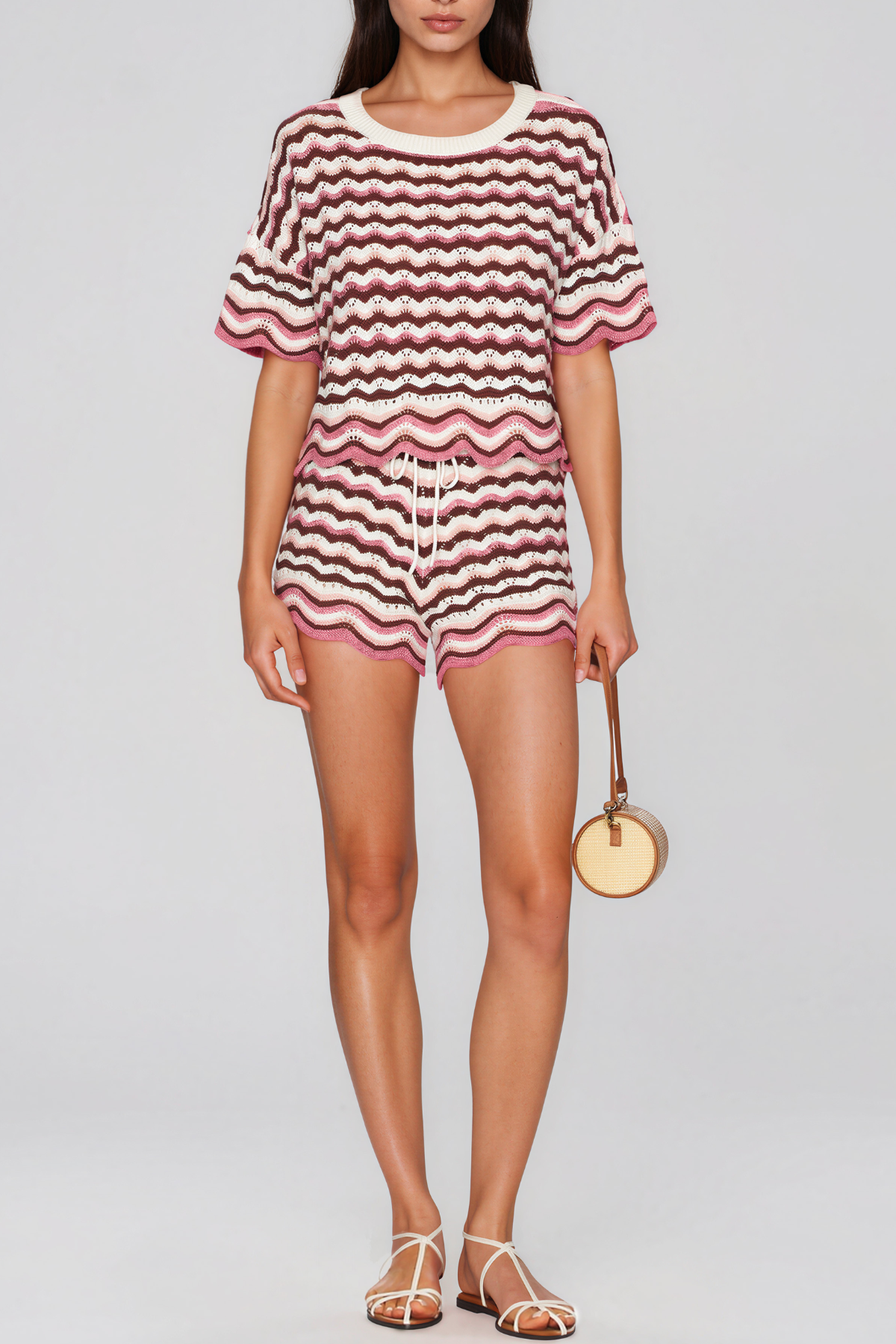 Henry Stripe Knit Shorts Set In Pink