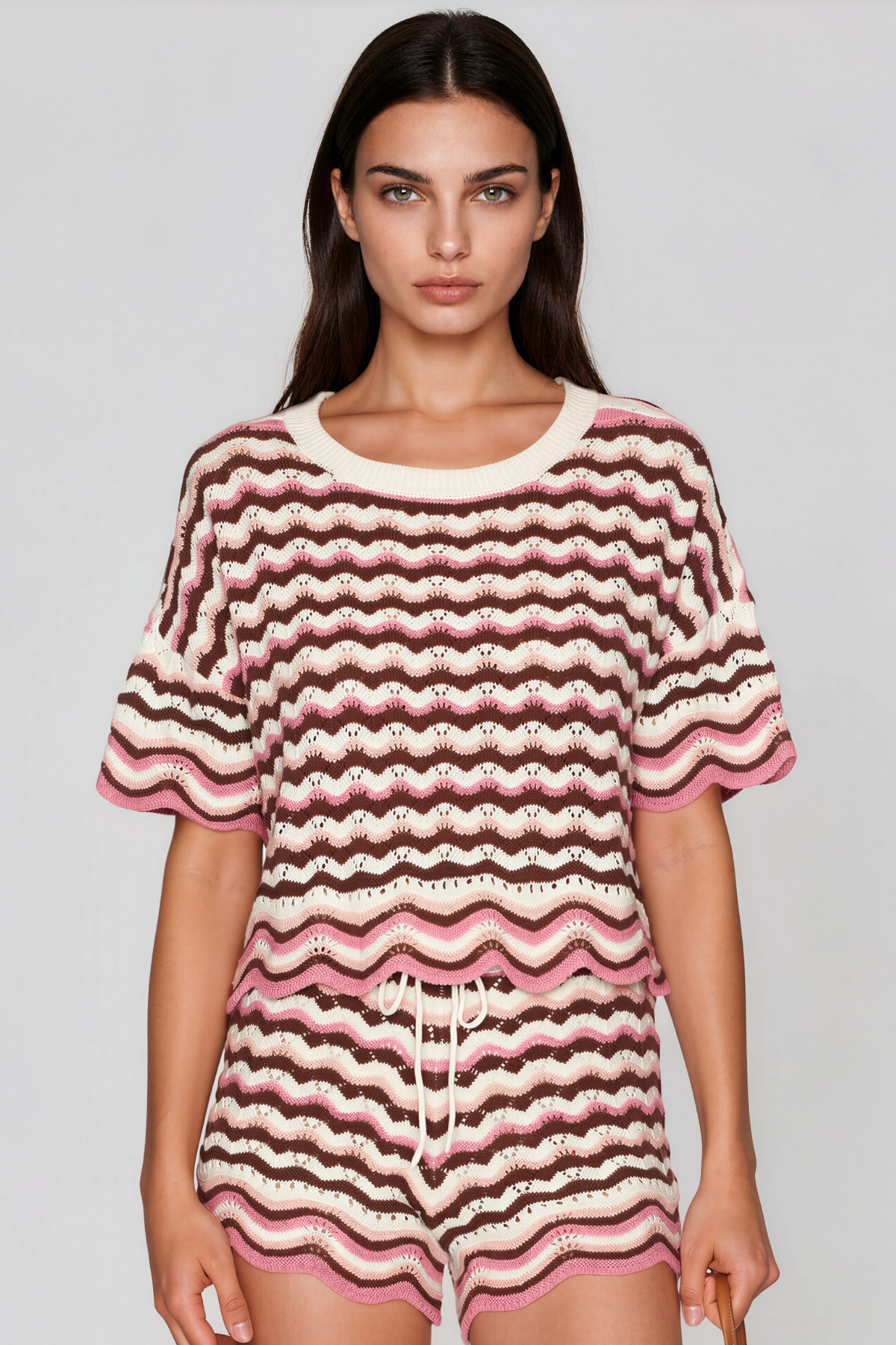 Henry Stripe Knit Shorts Set In Pink