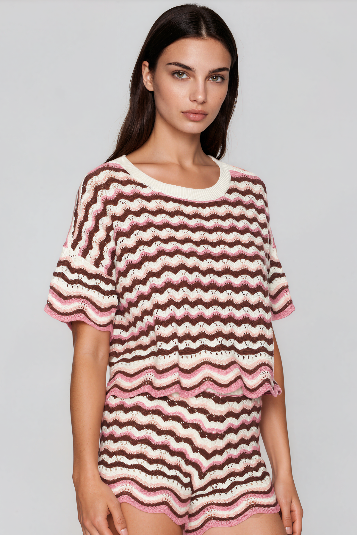 Henry Stripe Knit Shorts Set In Pink