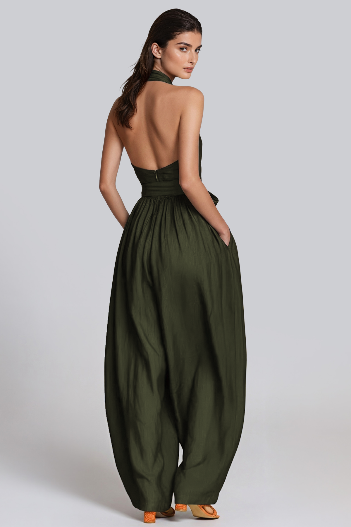 Hermanus Halter Neck Tie Up Baggy Jumpsuit In Green