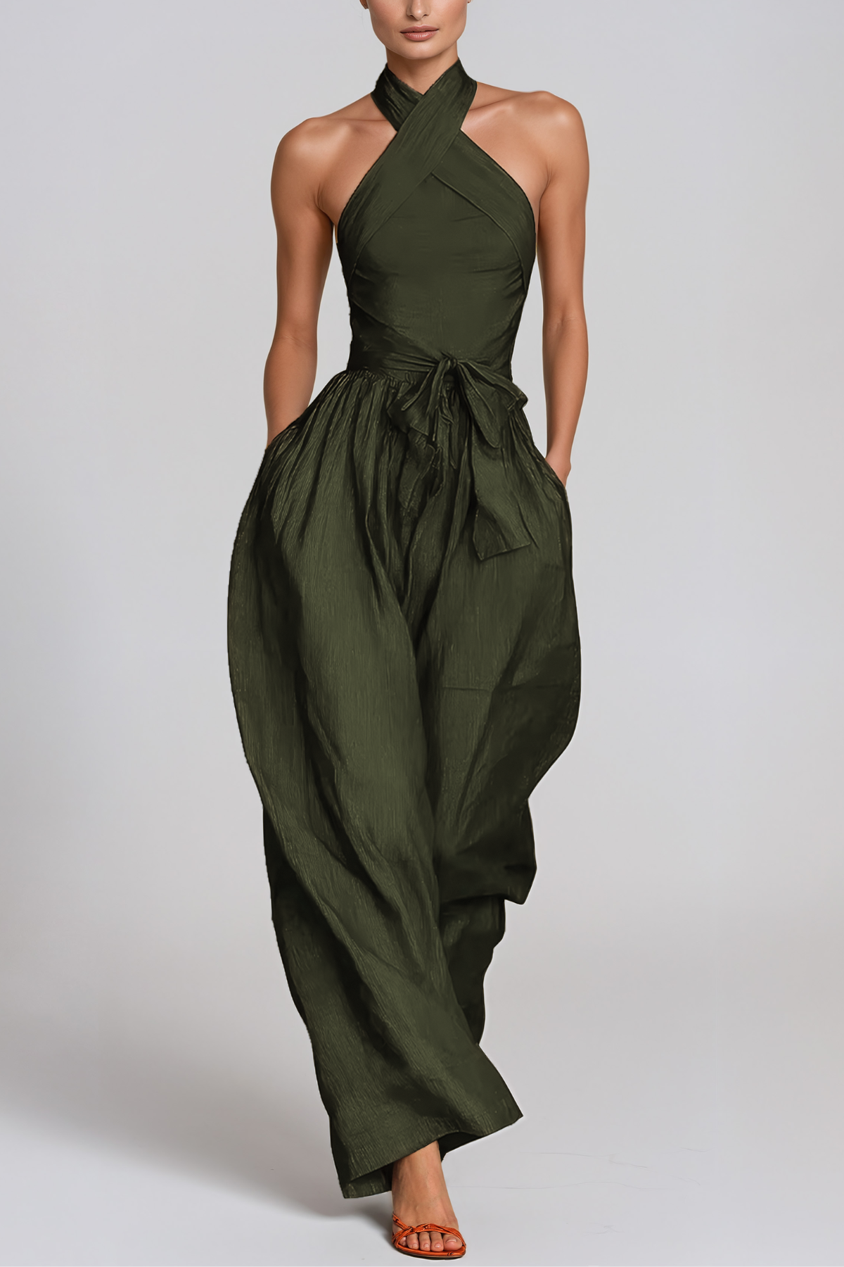 Hermanus Halter Neck Tie Up Baggy Jumpsuit In Green