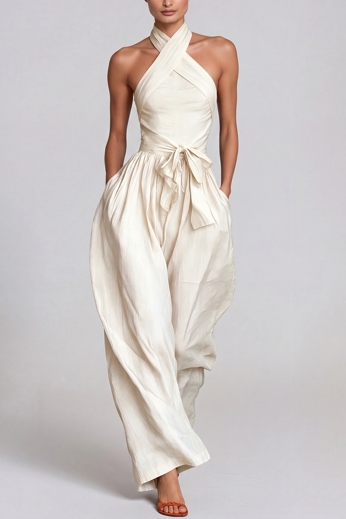 Hermanus Halter Neck Tie Up Baggy Jumpsuit In White