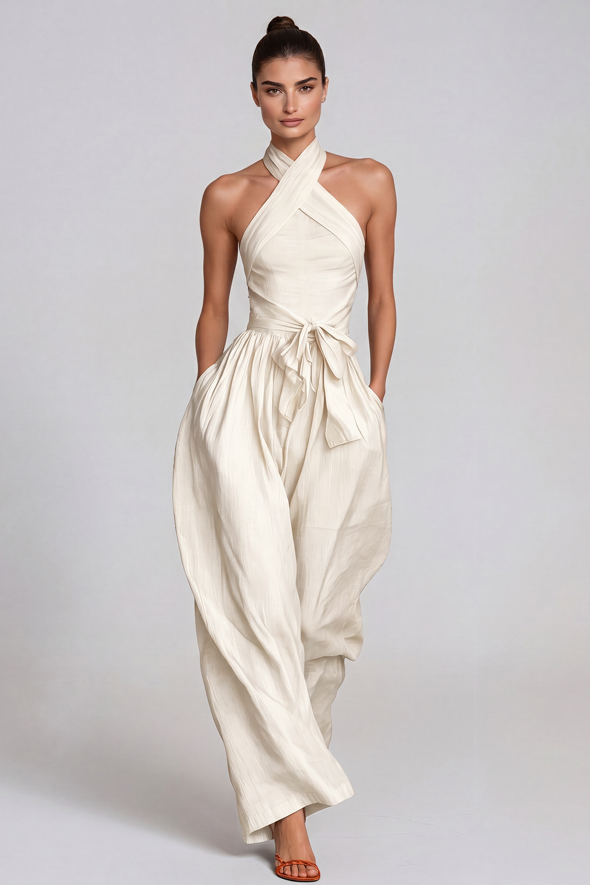 Hermanus Halter Neck Tie Up Baggy Jumpsuit In White