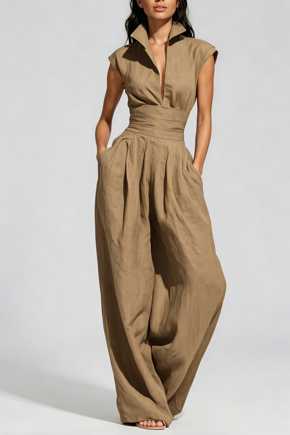 Hermanus V Neck Ruch Jumpsuit In Khaki
