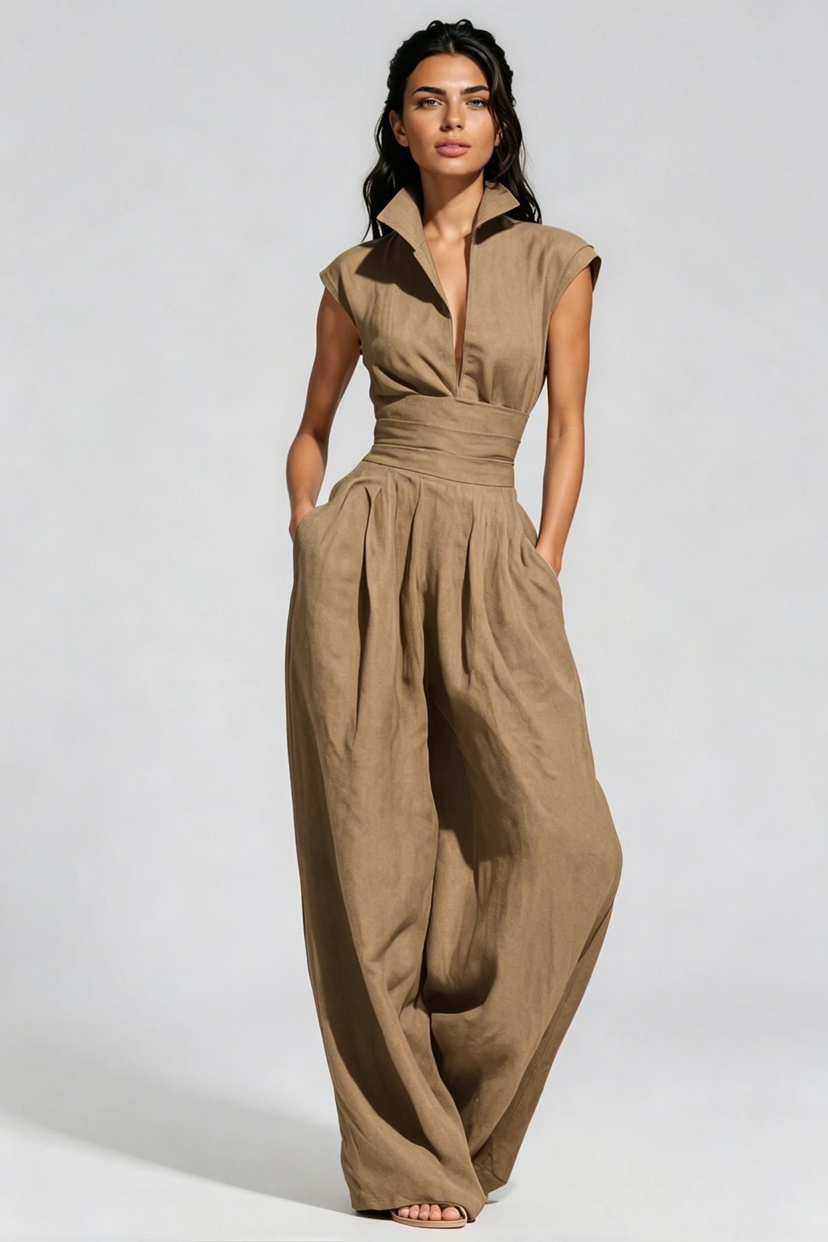 Hermanus V Neck Ruch Jumpsuit In Khaki