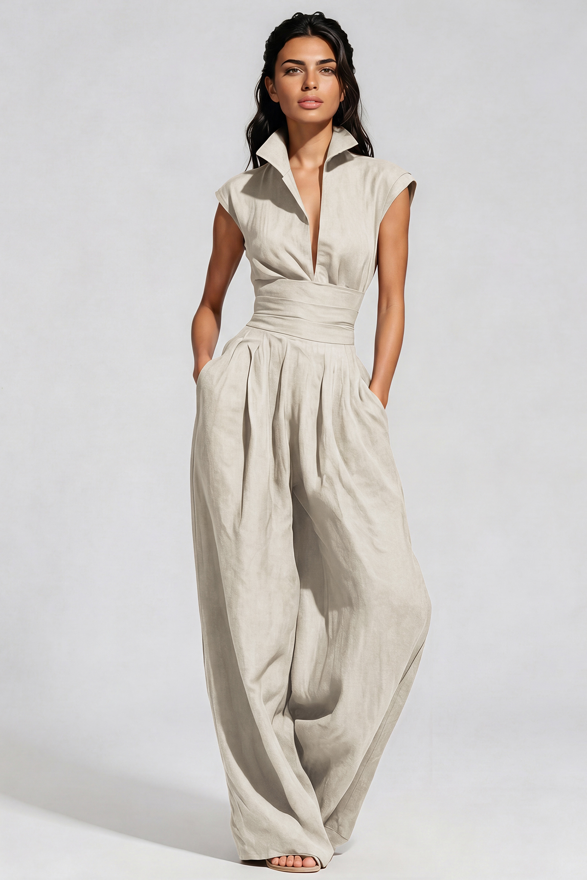 Hermanus V Neck Ruch Jumpsuit In Khaki