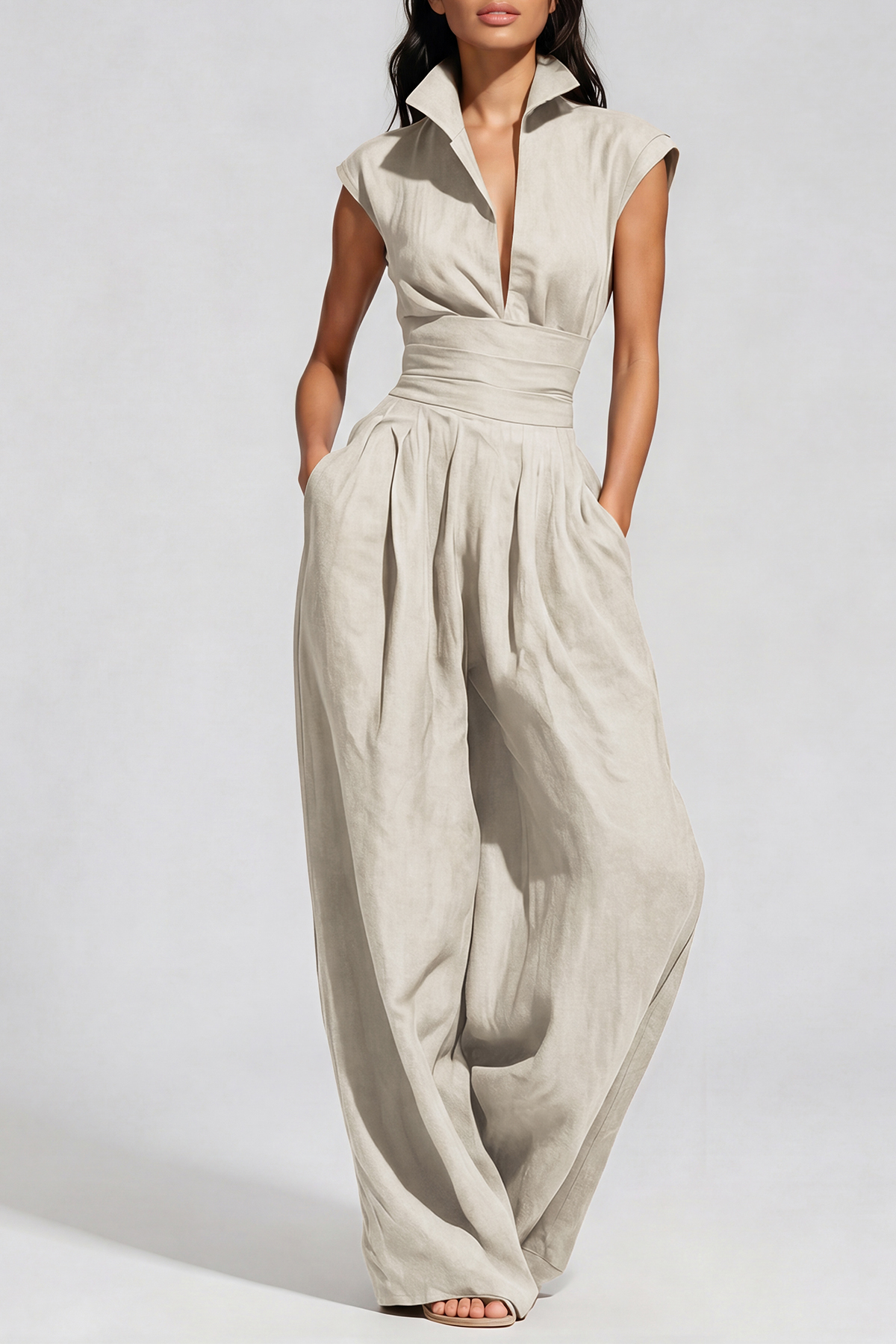 Hermanus V Neck Ruch Jumpsuit In Khaki