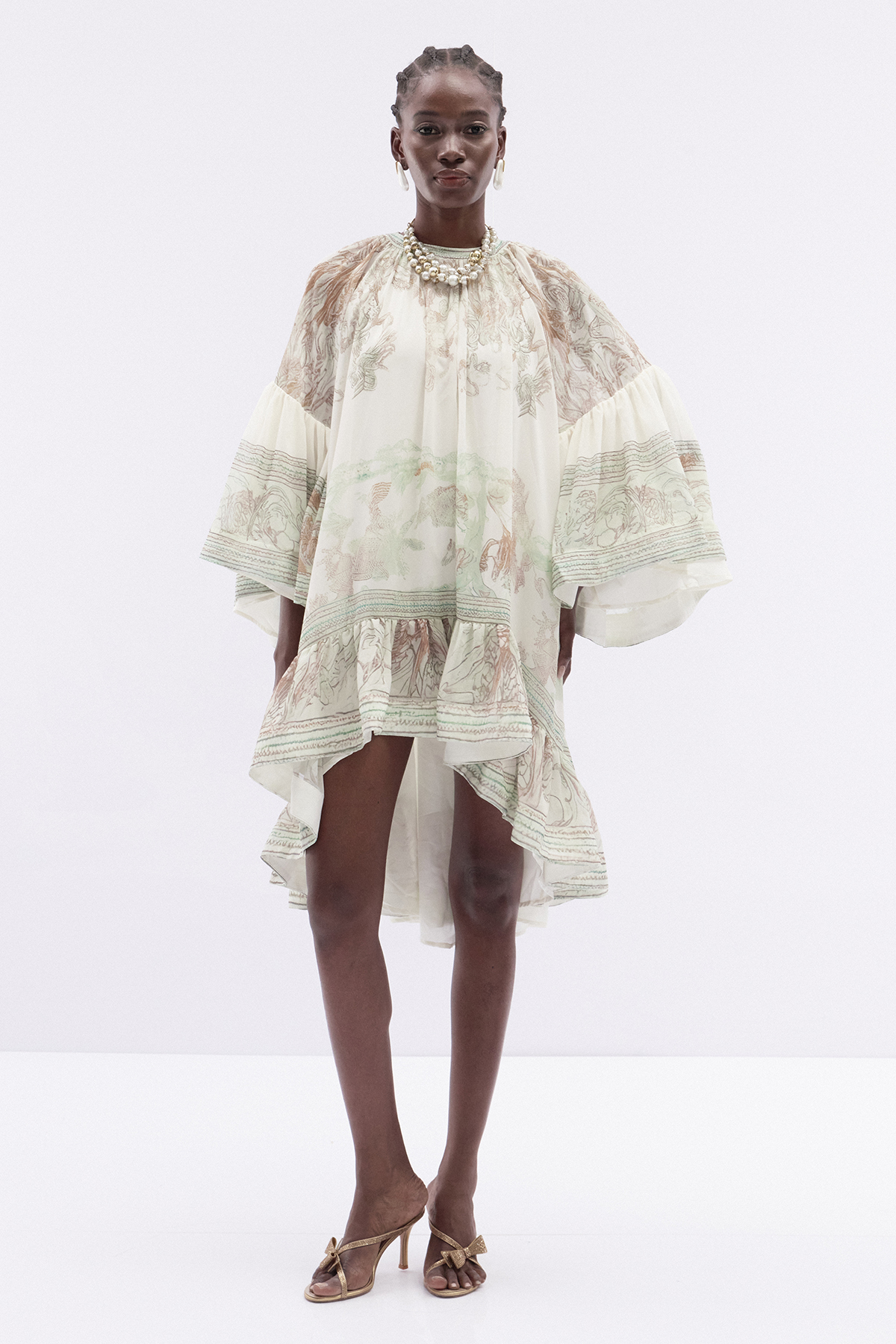 Hermokrates Bell Sleeve Print Ruffle Mini Dress