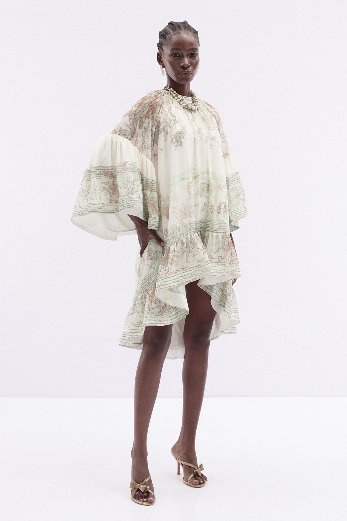 Hermokrates Bell Sleeve Print Ruffle Mini Dress