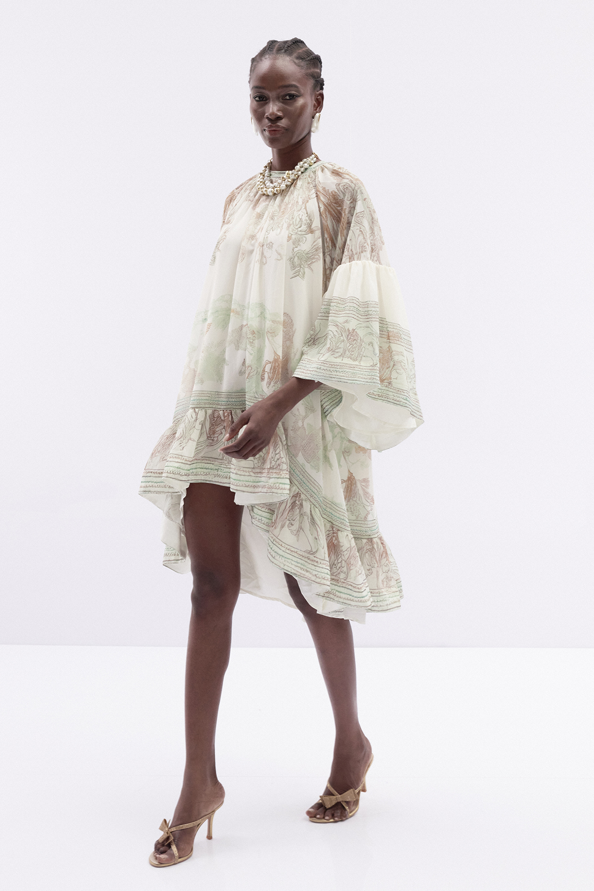 Hermokrates Bell Sleeve Print Ruffle Mini Dress